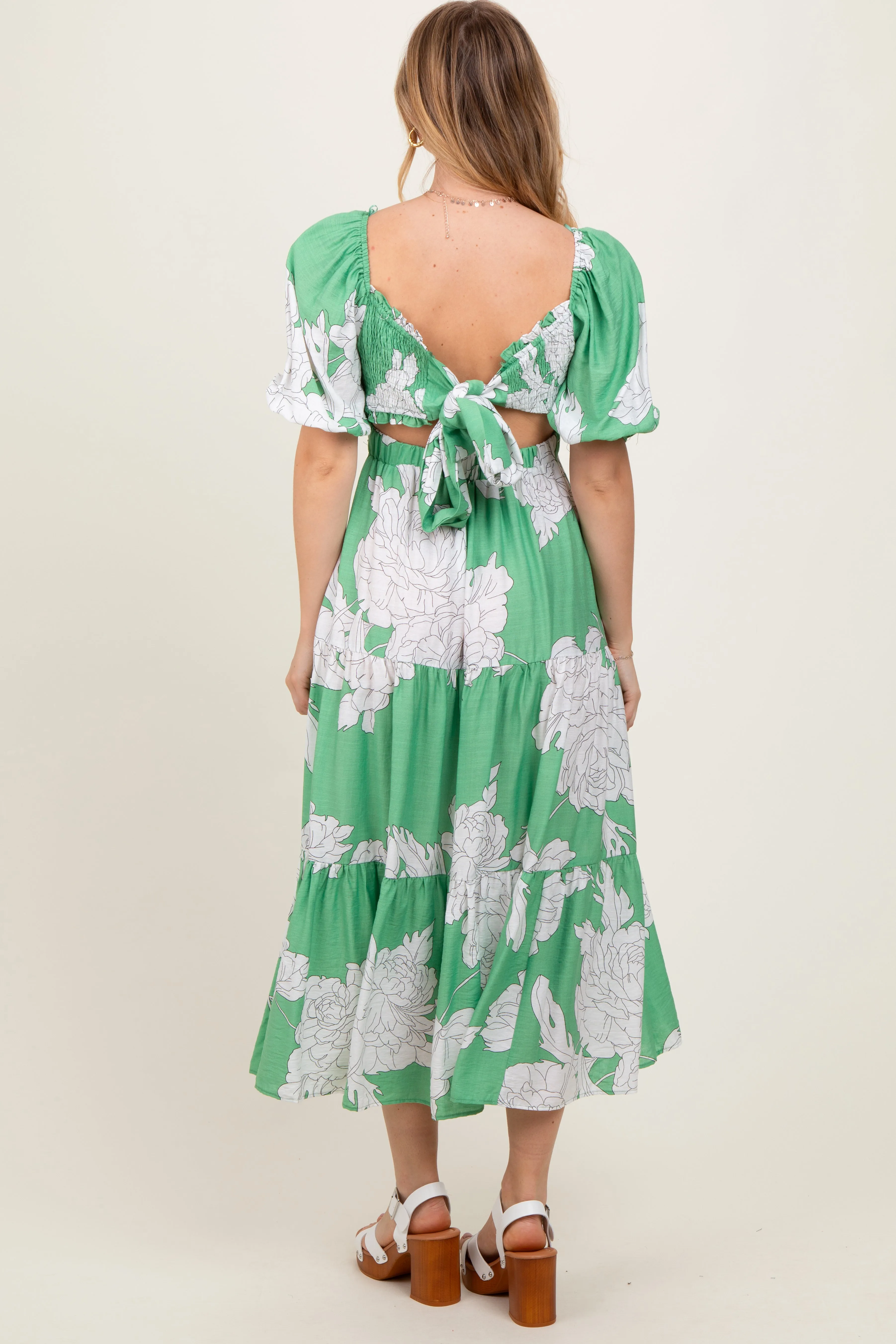 Green Floral Smocked Front Tie Cutout Maxi Dress sold by Pinkblush product image thumbnail 4