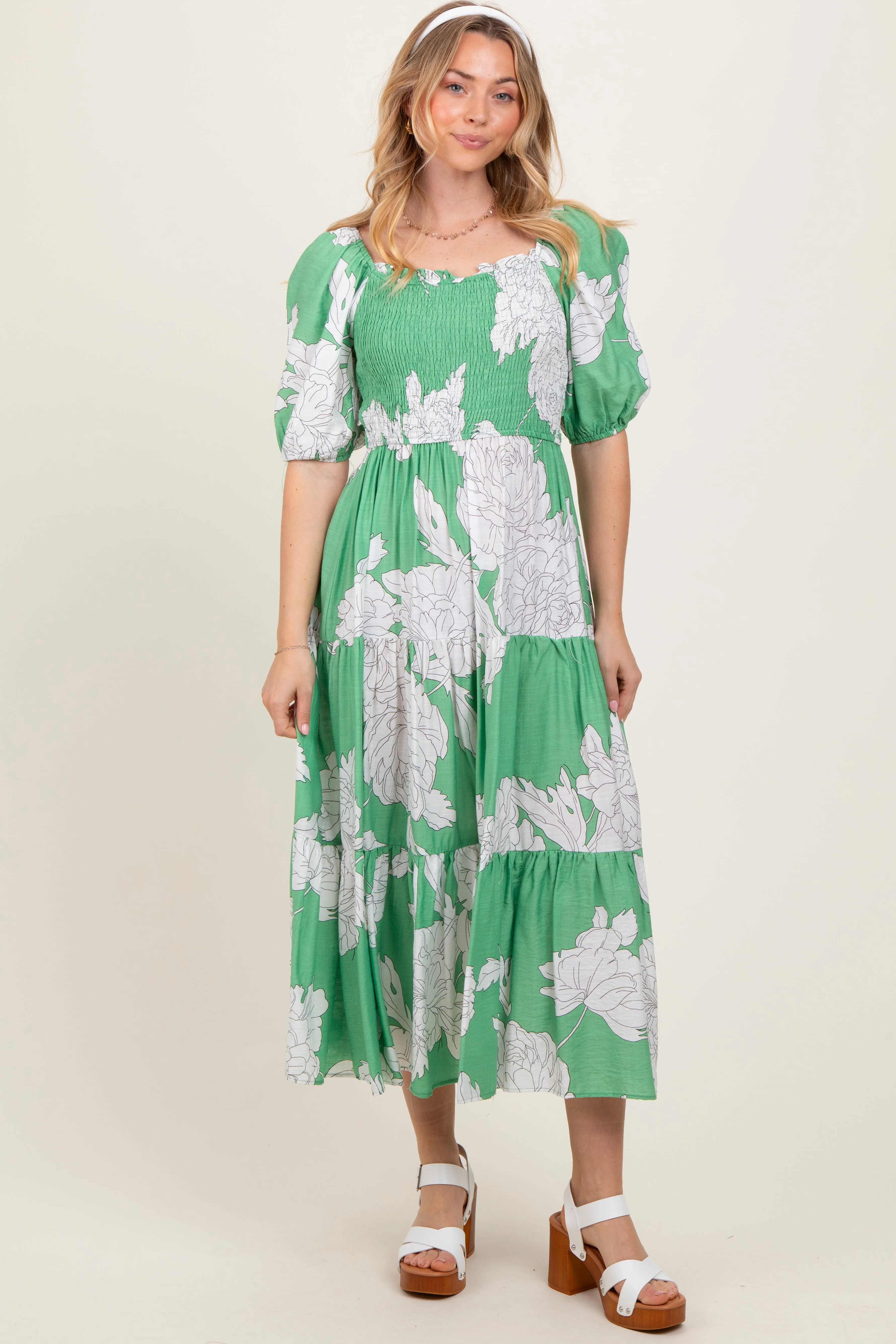 Green Floral Smocked Front Tie Cutout Maxi Dress sold by Pinkblush