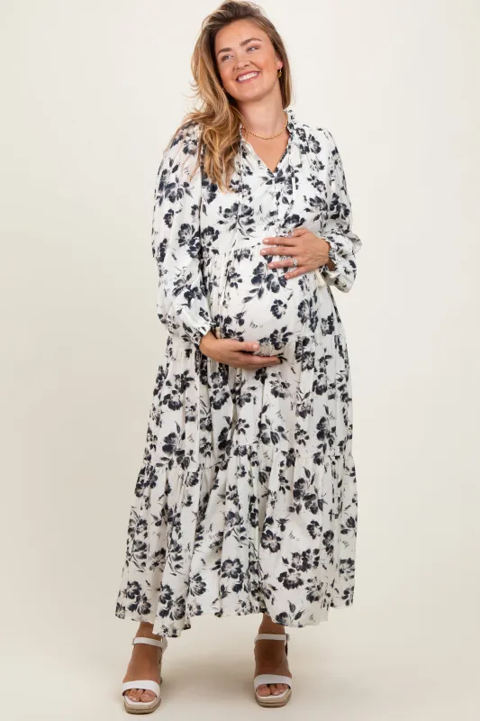 Black Floral Button Front Tiered Long Sleeve Maternity Plus Maxi Dress sold by Pinkblush