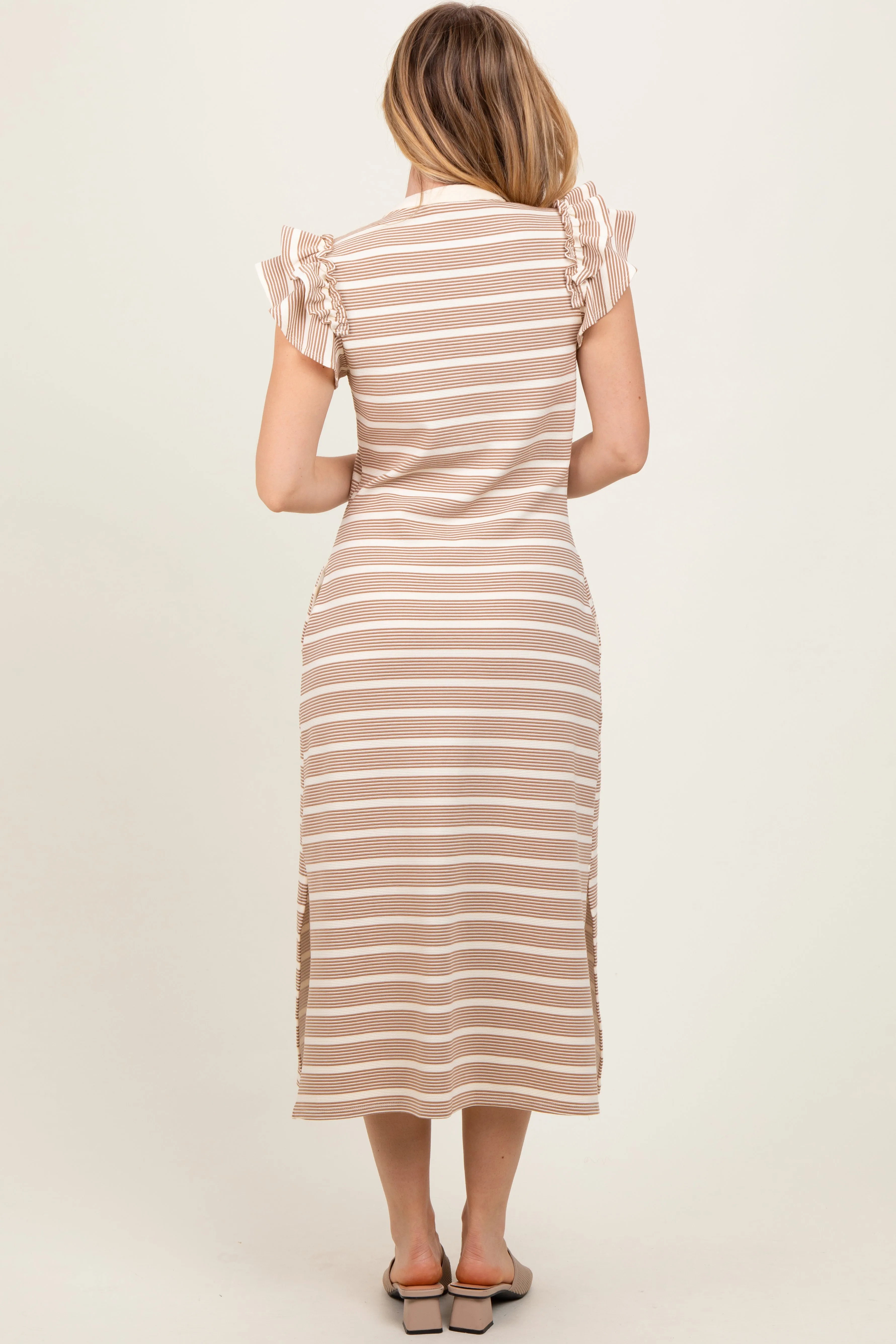 Camel Multi-Striped Button Up Ruffle Sleeve Midi Dress sold by Pinkblush product image thumbnail 3