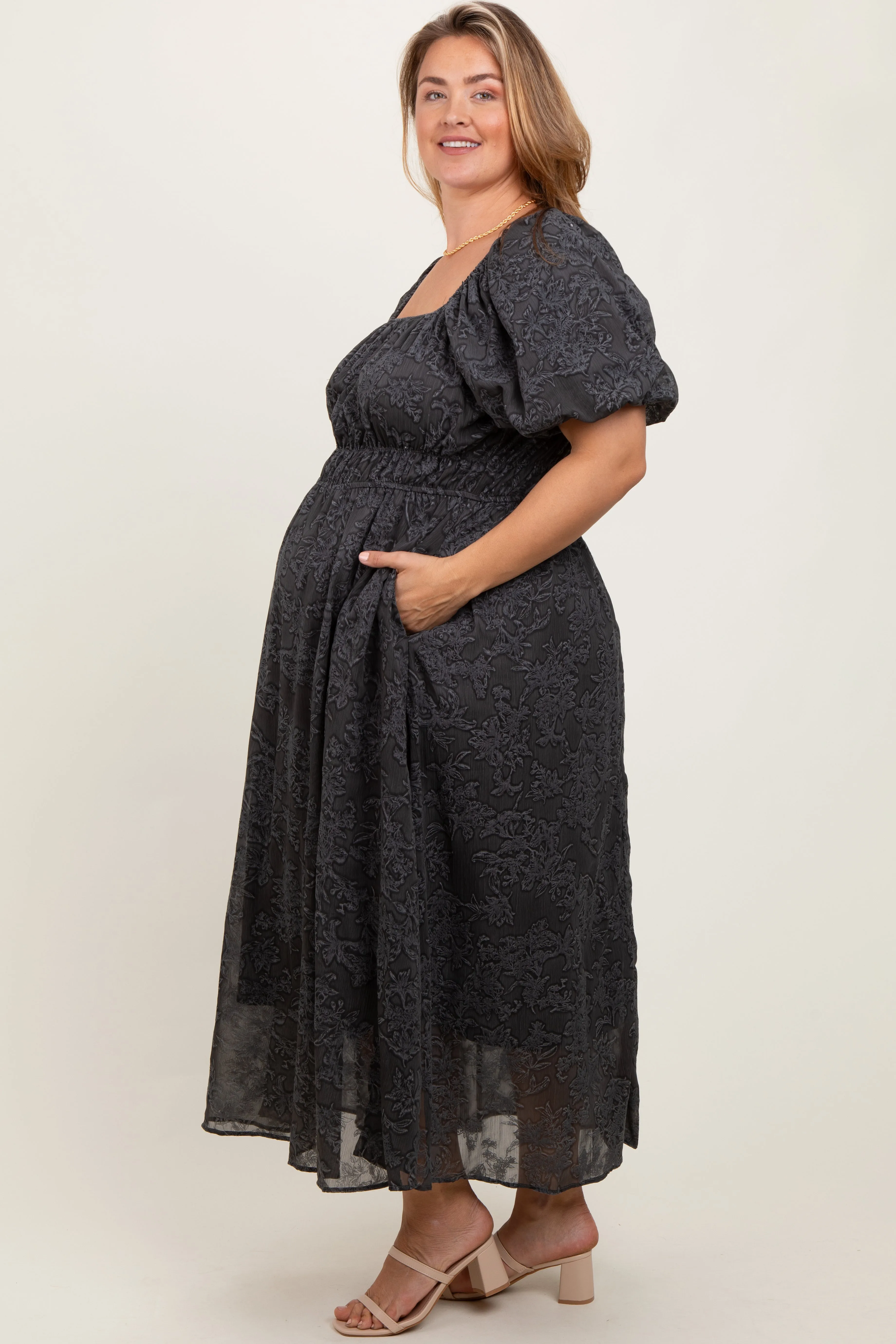 Charcoal Floral Square Neck Bubble Sleeve Maternity Plus Midi Dress sold by Pinkblush product image thumbnail 2