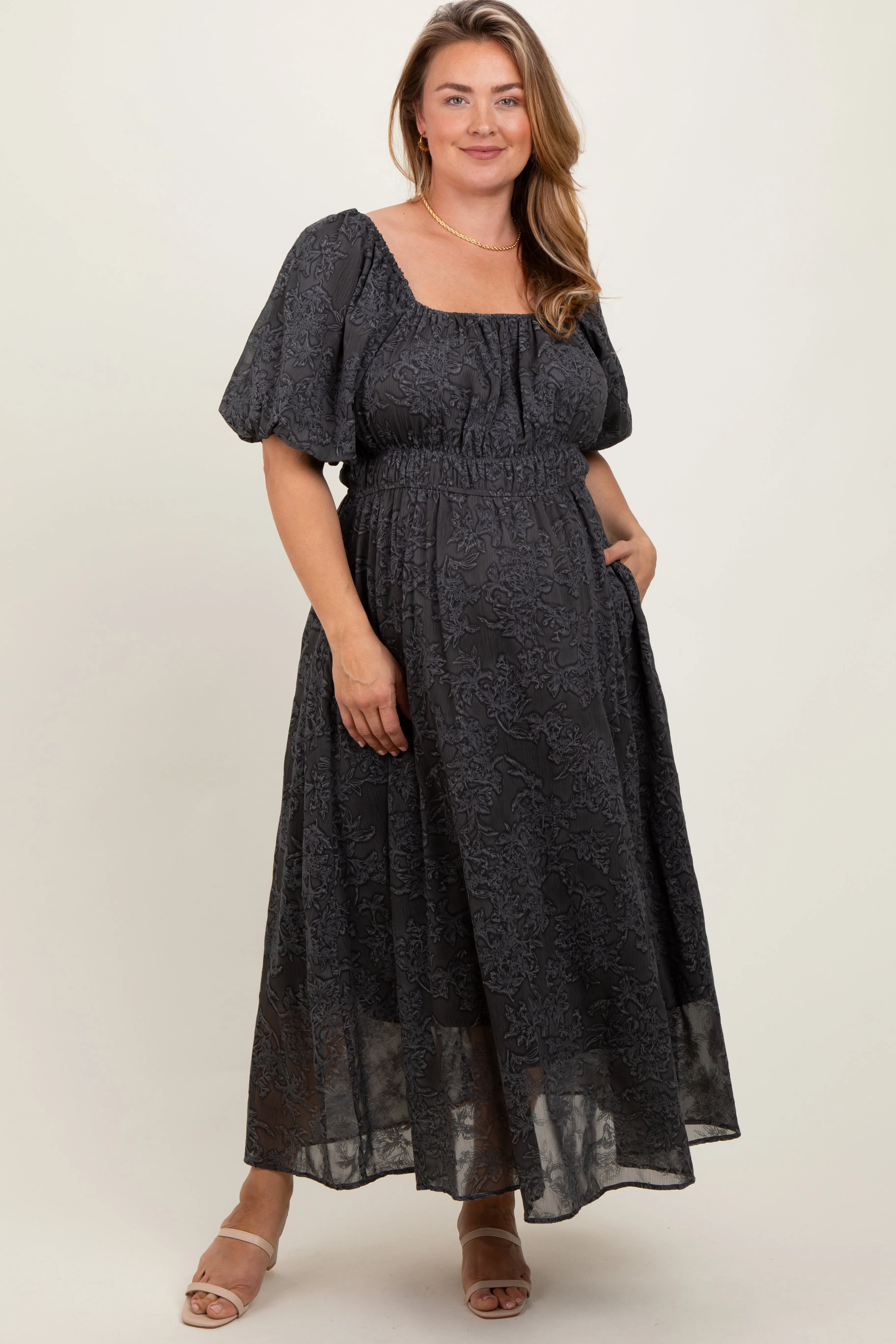 Charcoal Floral Square Neck Bubble Sleeve Maternity Plus Midi Dress sold by Pinkblush