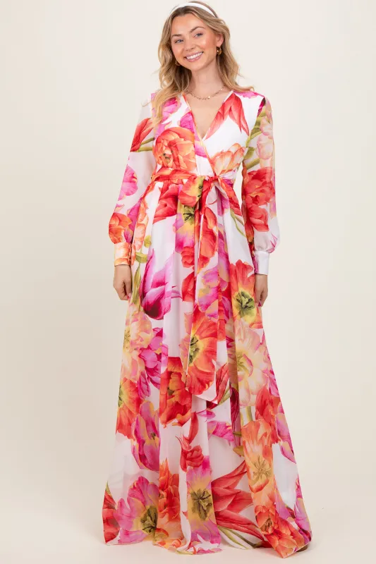 Red  Floral Chiffon Long Sleeve Maxi Dress sold by Pinkblush