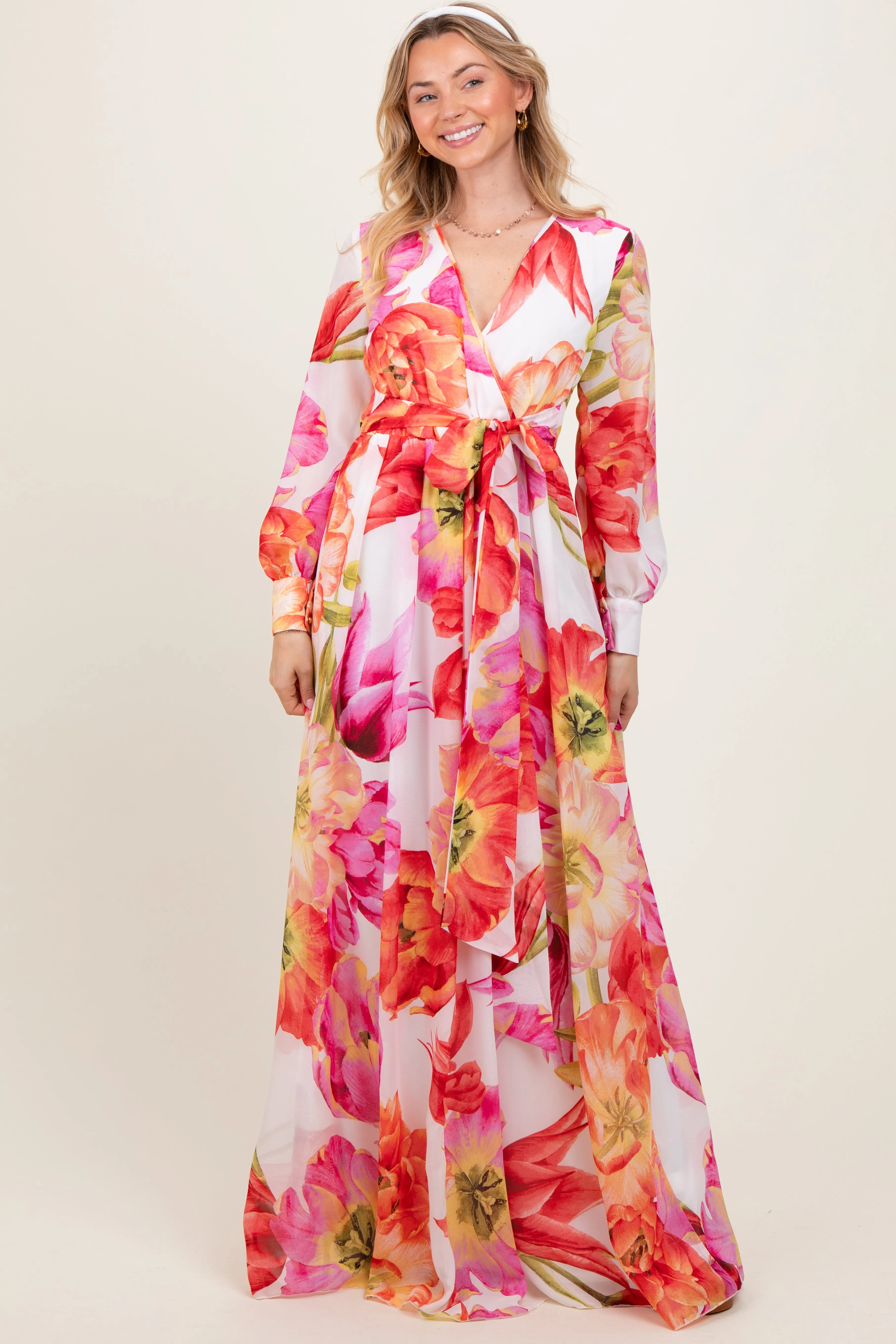 Red Floral Chiffon Long Sleeve Maxi Dress sold by Pinkblush