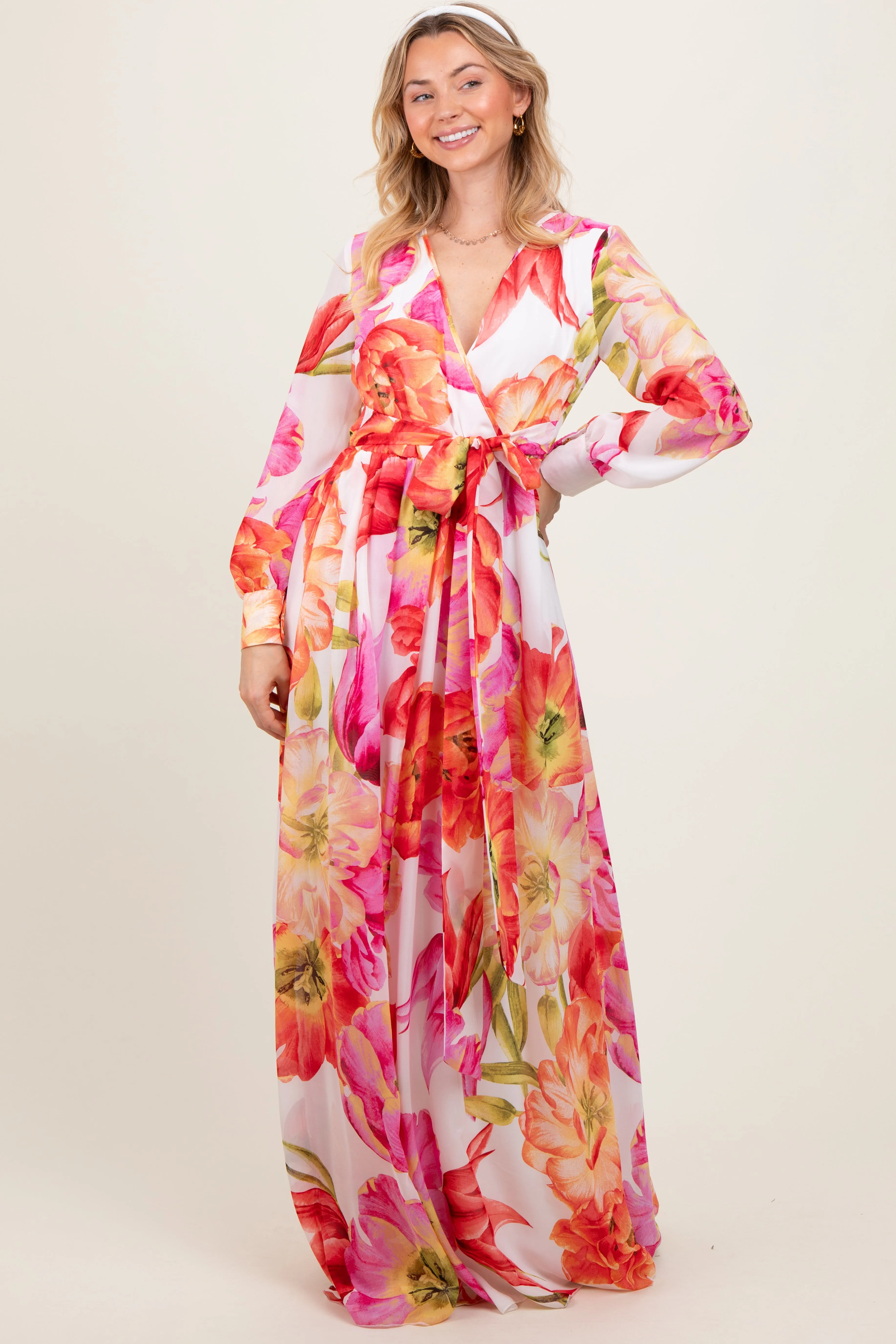 Red Floral Chiffon Long Sleeve Maxi Dress sold by Pinkblush product image thumbnail 2
