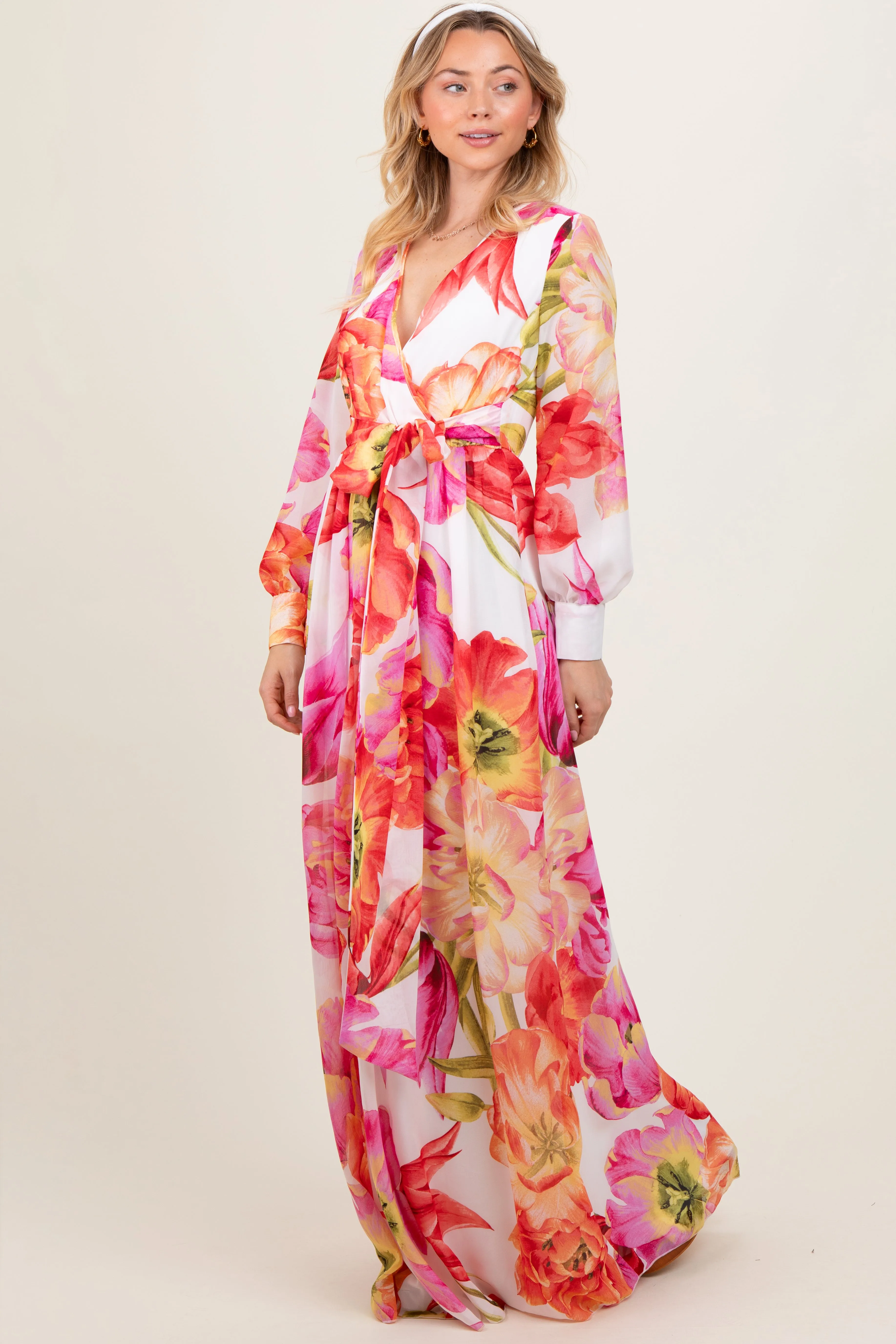 Red Floral Chiffon Long Sleeve Maxi Dress sold by Pinkblush product image thumbnail 3
