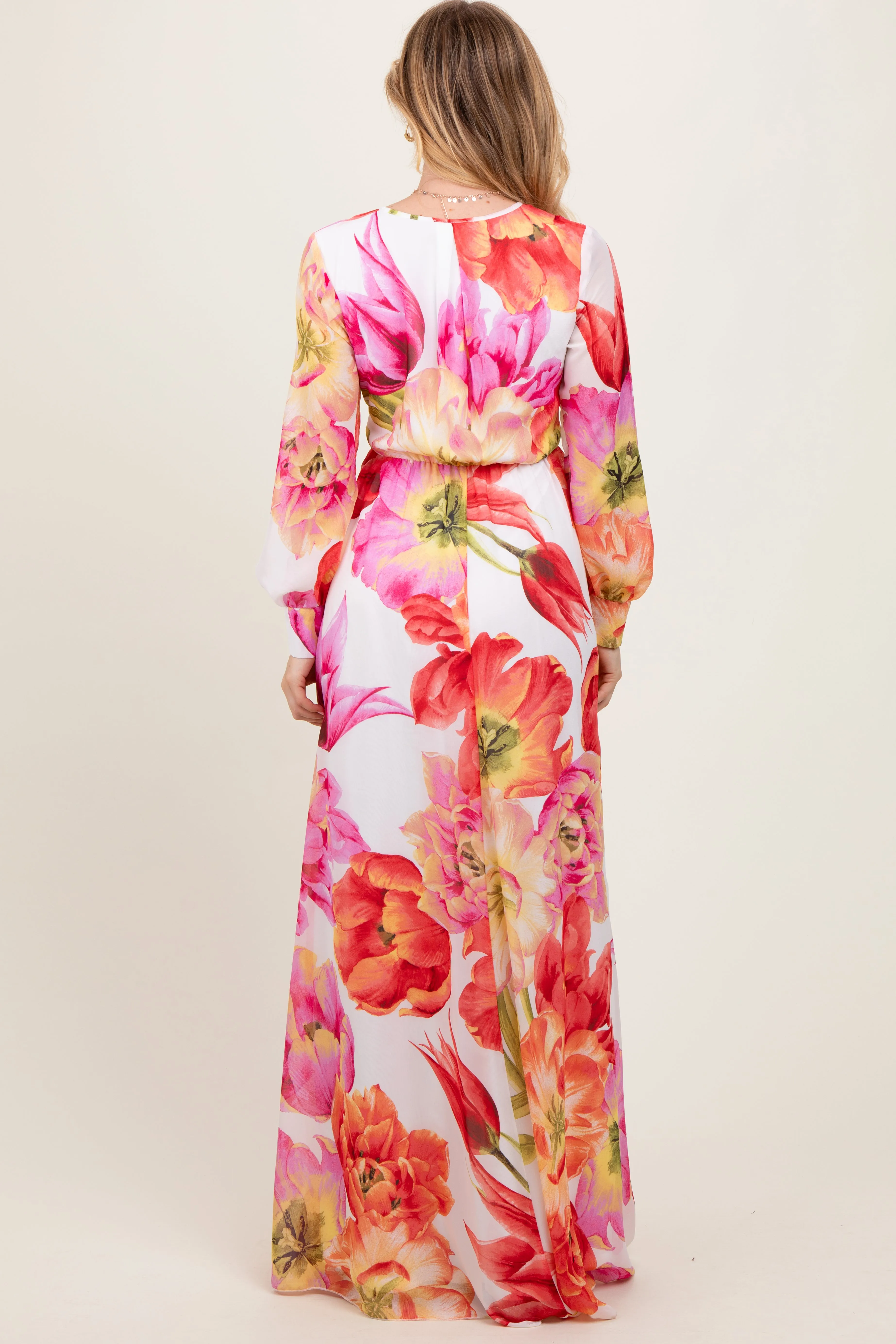 Red Floral Chiffon Long Sleeve Maxi Dress sold by Pinkblush product image thumbnail 4