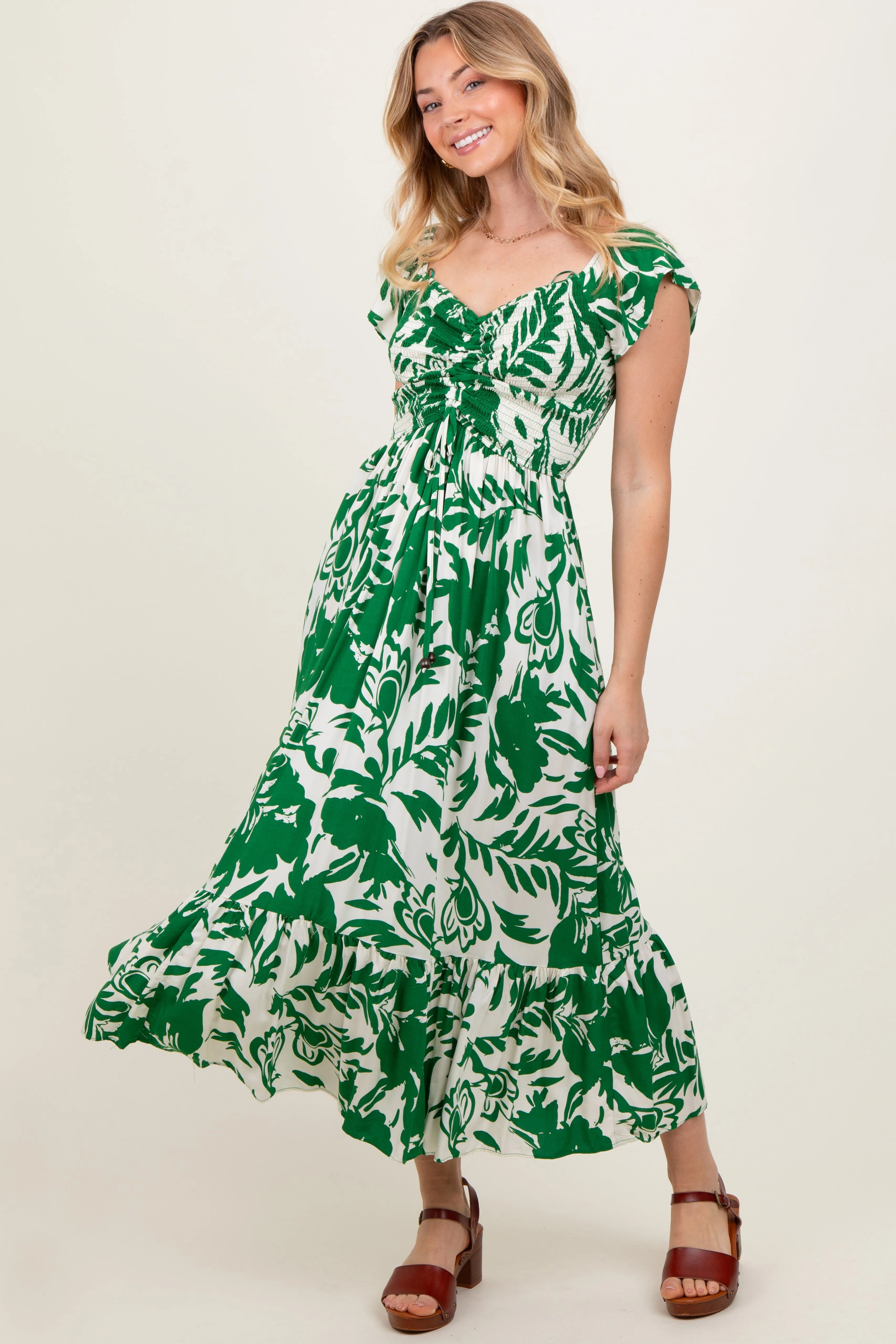 Green Cream Smocked Top Midi Dress sold by Pinkblush