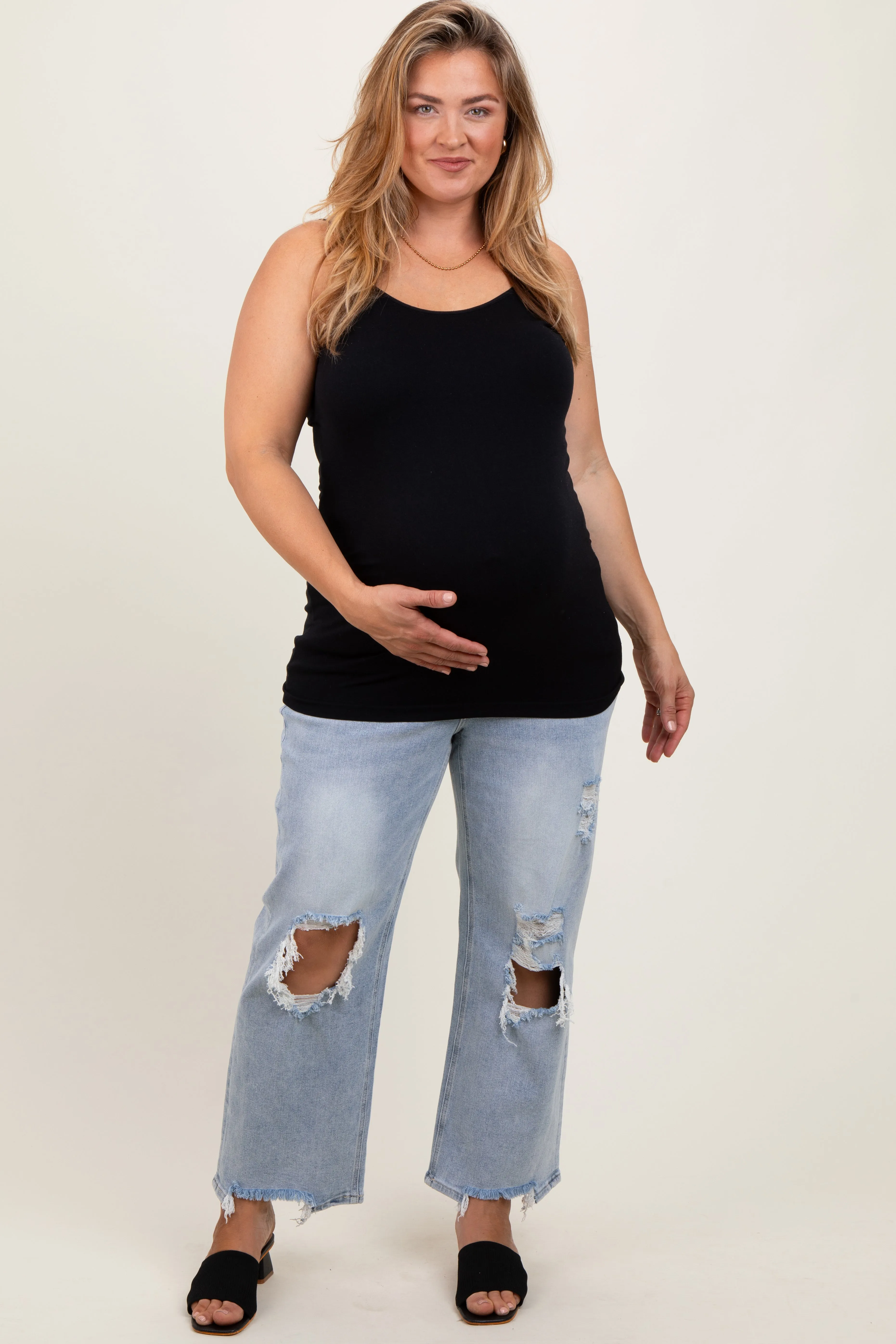 Light Blue Distressed Open Knee Straight Leg Maternity Plus Jeans sold by Pinkblush