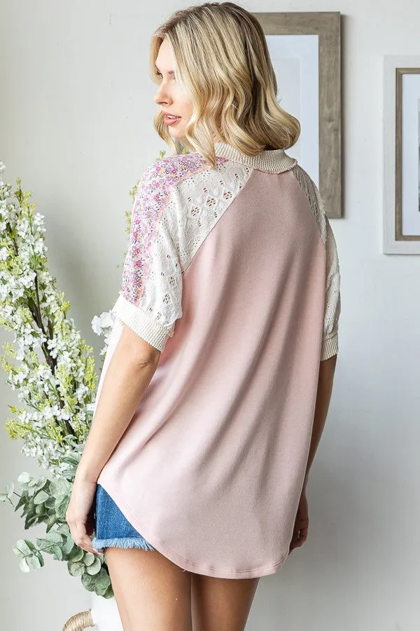 Light Pink Floral Lace Inset Short Sleeve Top sold by Pinkblush product image thumbnail 4