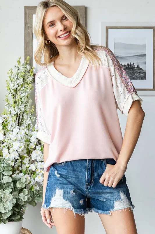 Light Pink Floral Lace Inset Short Sleeve Top sold by Pinkblush