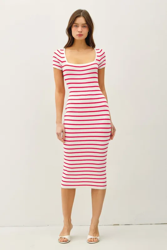 Red Striped Square Neck Short Sleeve Midi Dress sold by Pinkblush