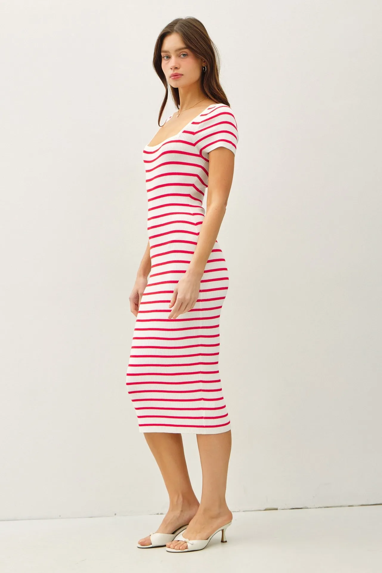 Red Striped Square Neck Short Sleeve Midi Dress sold by Pinkblush product image thumbnail 2