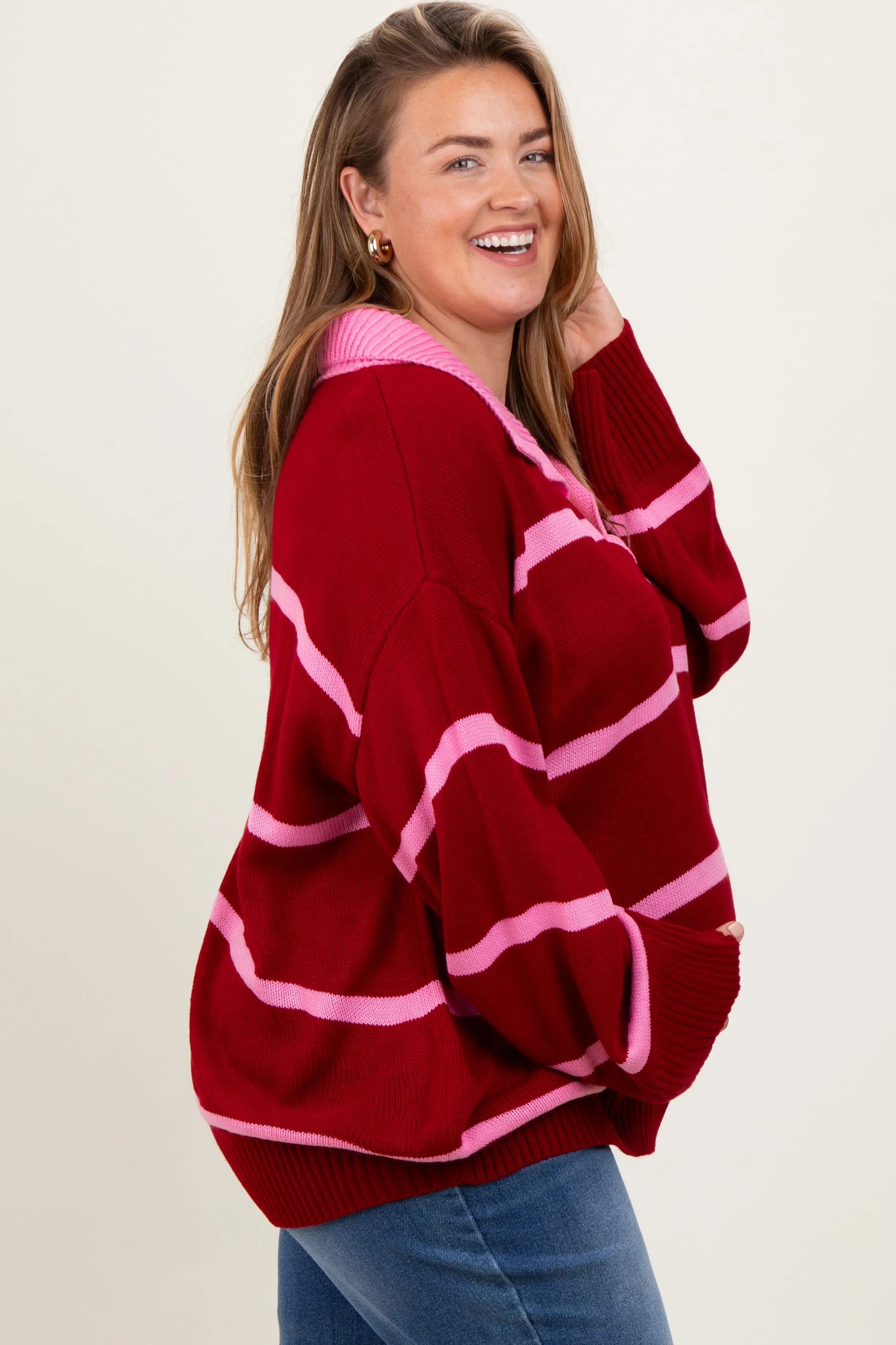 Red Striped Collared Maternity Plus Sweater sold by Pinkblush product image thumbnail 2