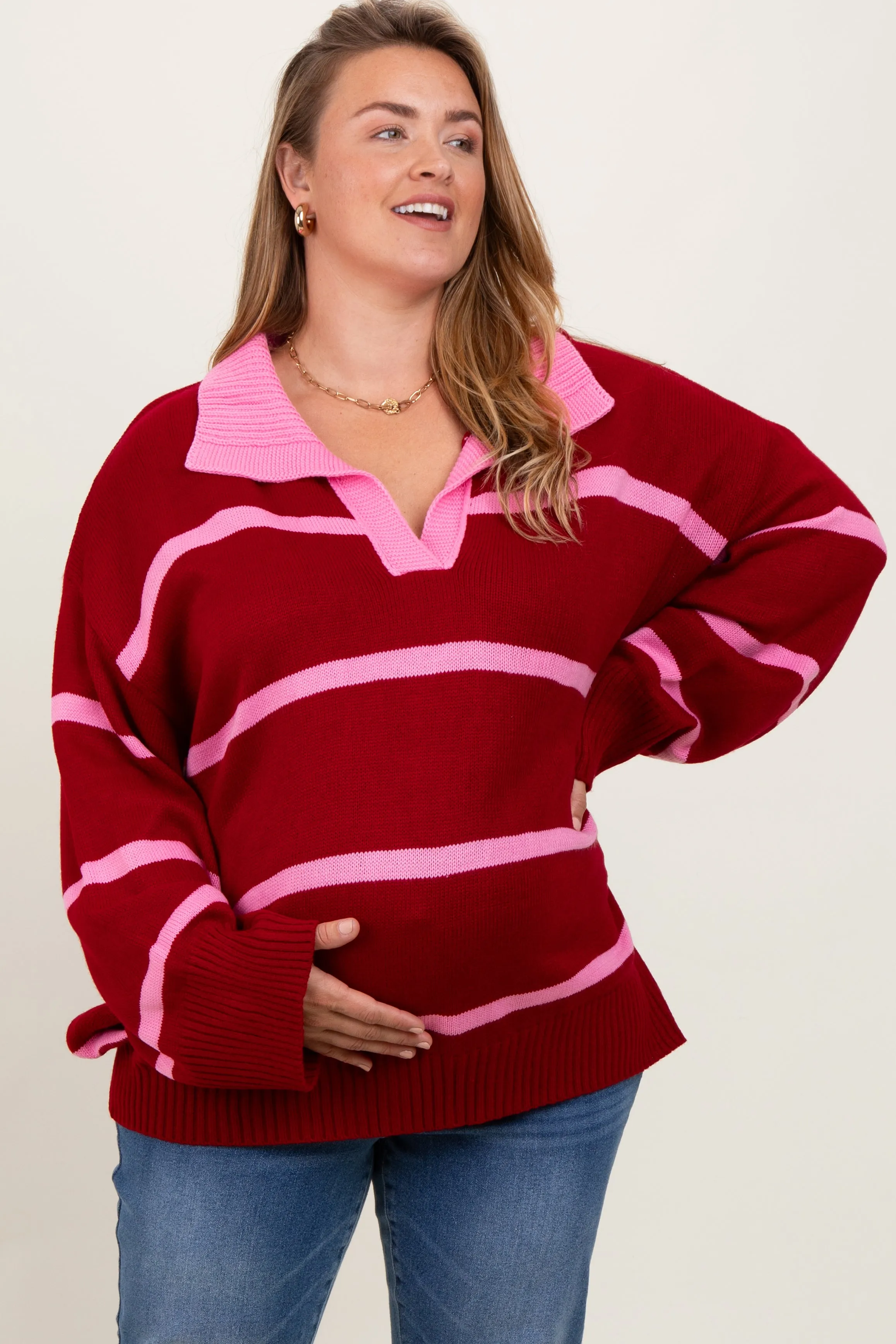 Red Striped Collared Maternity Plus Sweater sold by Pinkblush