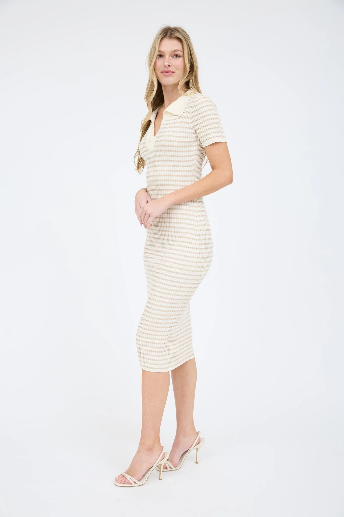 Ivory Striped Knit Collared Midi Dress sold by Pinkblush product image thumbnail 2