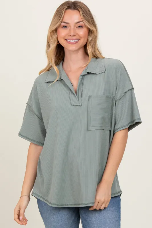 Olive Solid Ribbed Collar V-Neck Tunic Top sold by Pinkblush