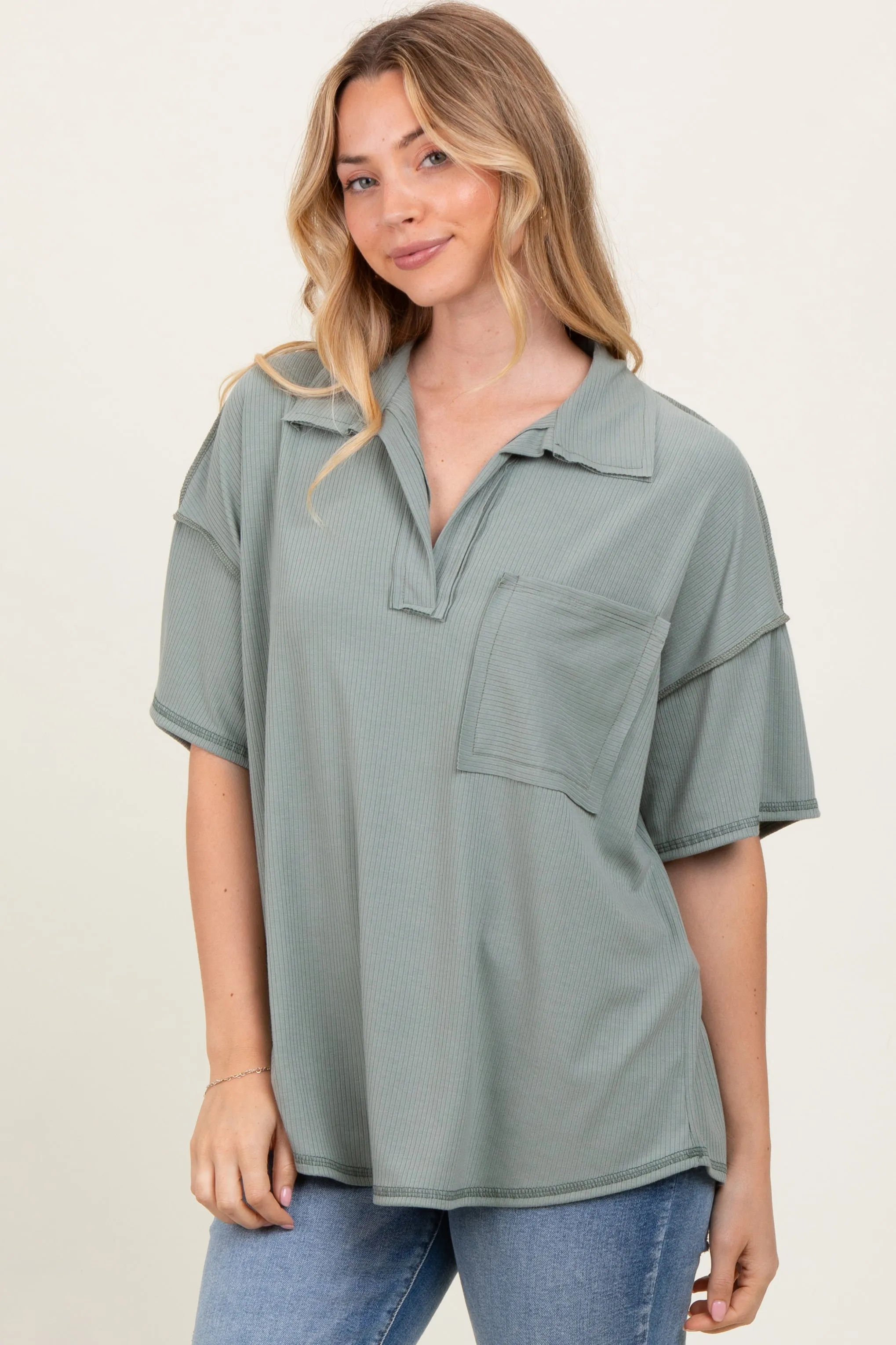 Olive Solid Ribbed Collar V-Neck Tunic Top sold by Pinkblush product image thumbnail 2