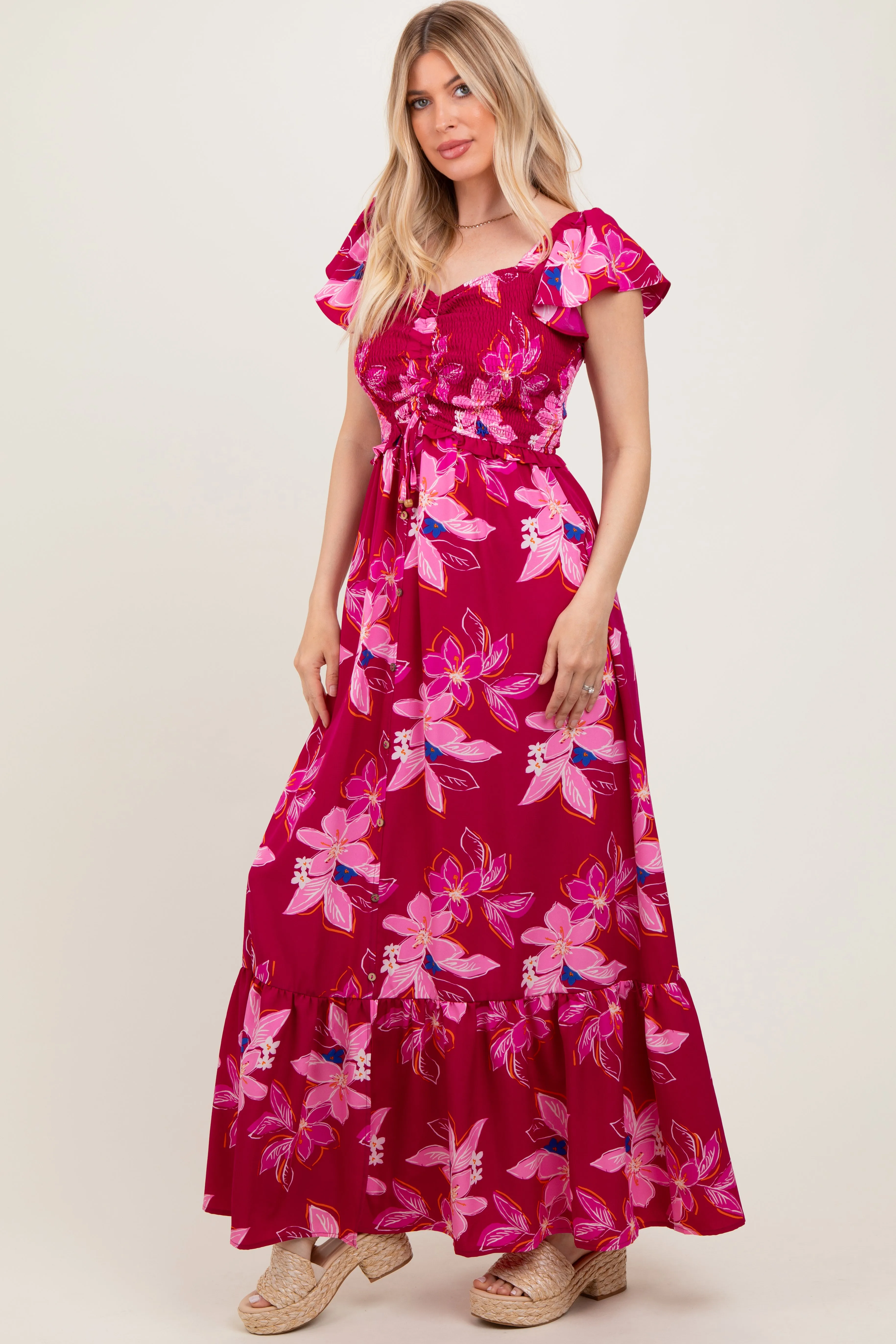 Magenta Floral Smocked Cinched Top Maxi Dress sold by Pinkblush product image thumbnail 2