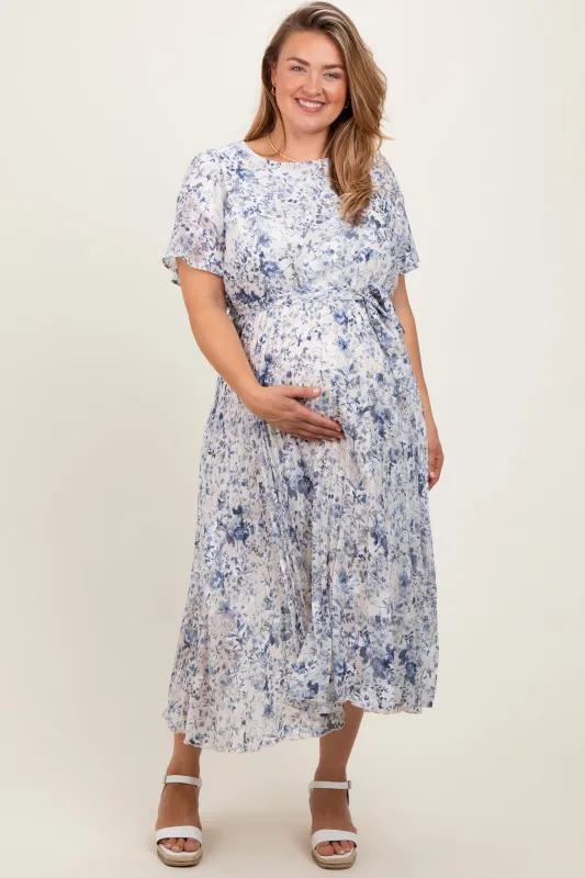 Cream Floral Pleated Maternity Plus Midi Dress sold by Pinkblush