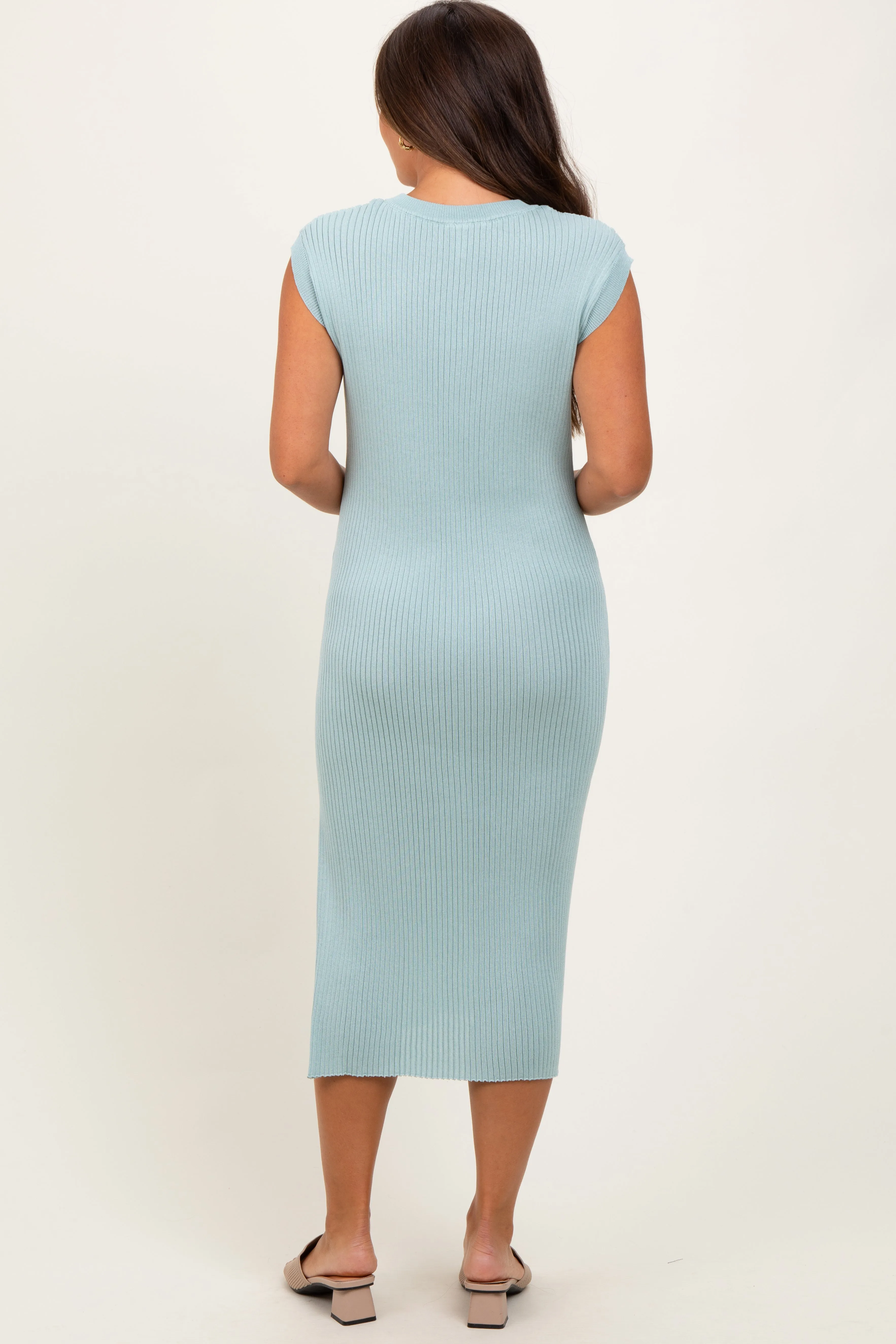 Light Olive Ribbed Knit Button Up Sleeveless Maternity Midi Dress sold by Pinkblush product image thumbnail 3