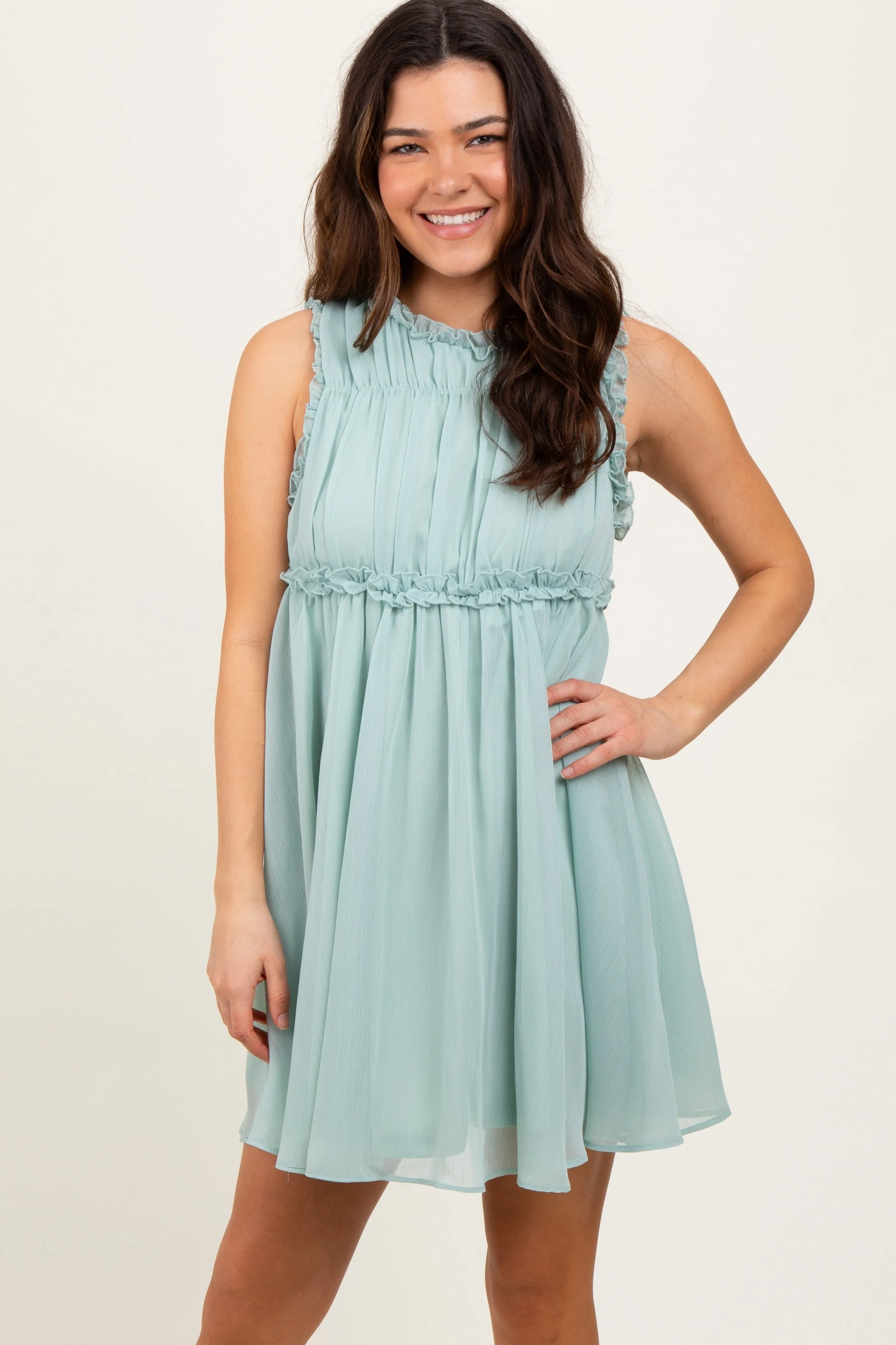 Light Olive Ruffle Detail Sleeveless Mini Dress sold by Pinkblush