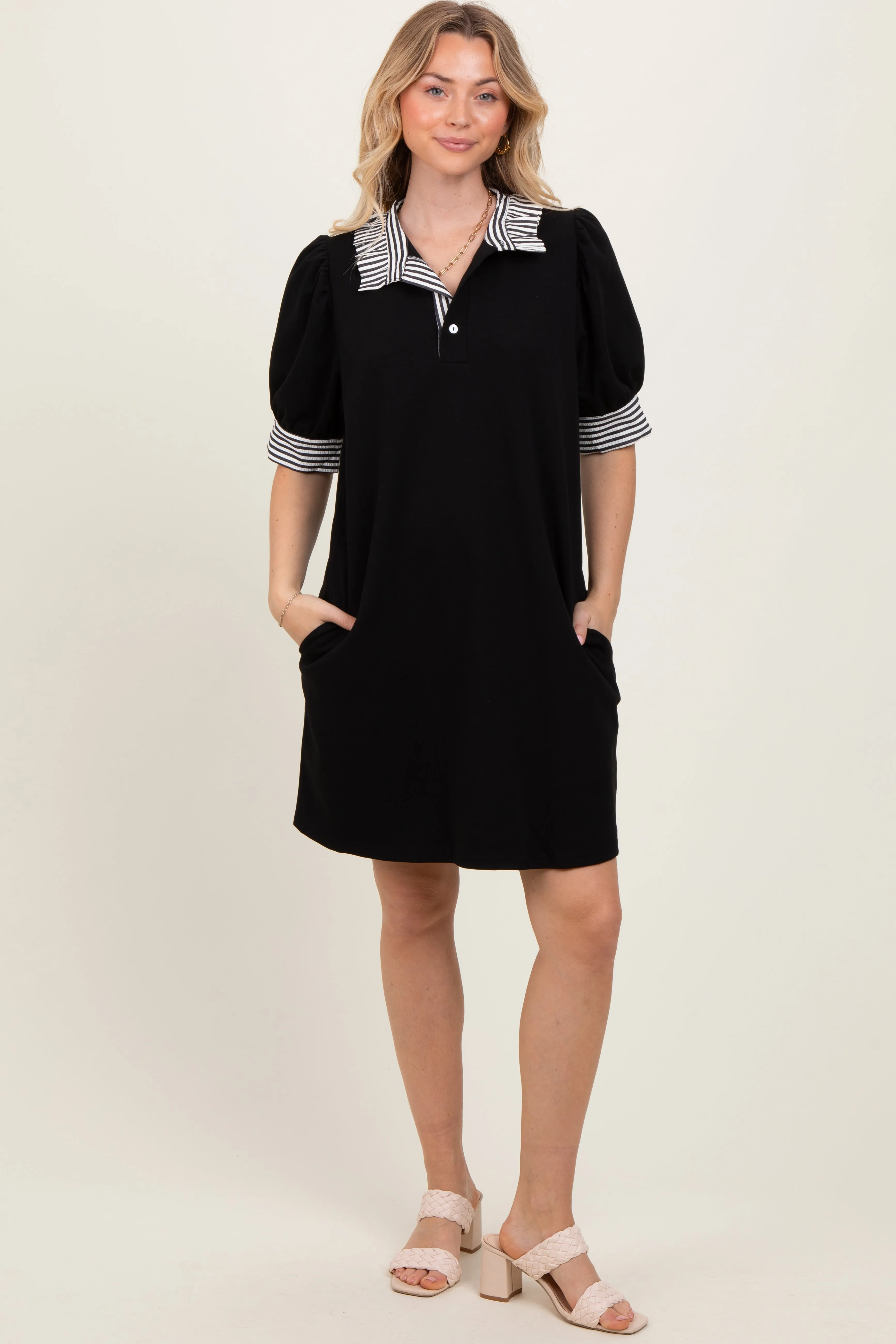 Black Mock Neck Contrast Striped Trim Mini Dress sold by Pinkblush