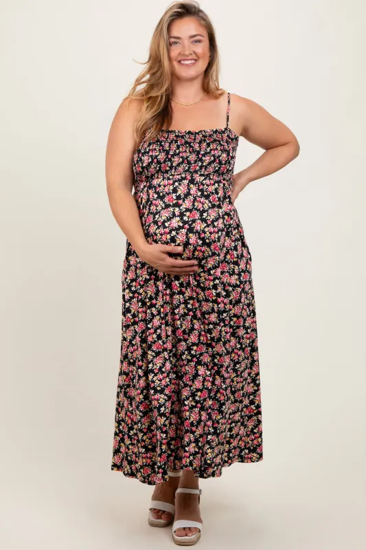 Black Square Neck Smocked Maternity Plus Midi Dress sold by Pinkblush