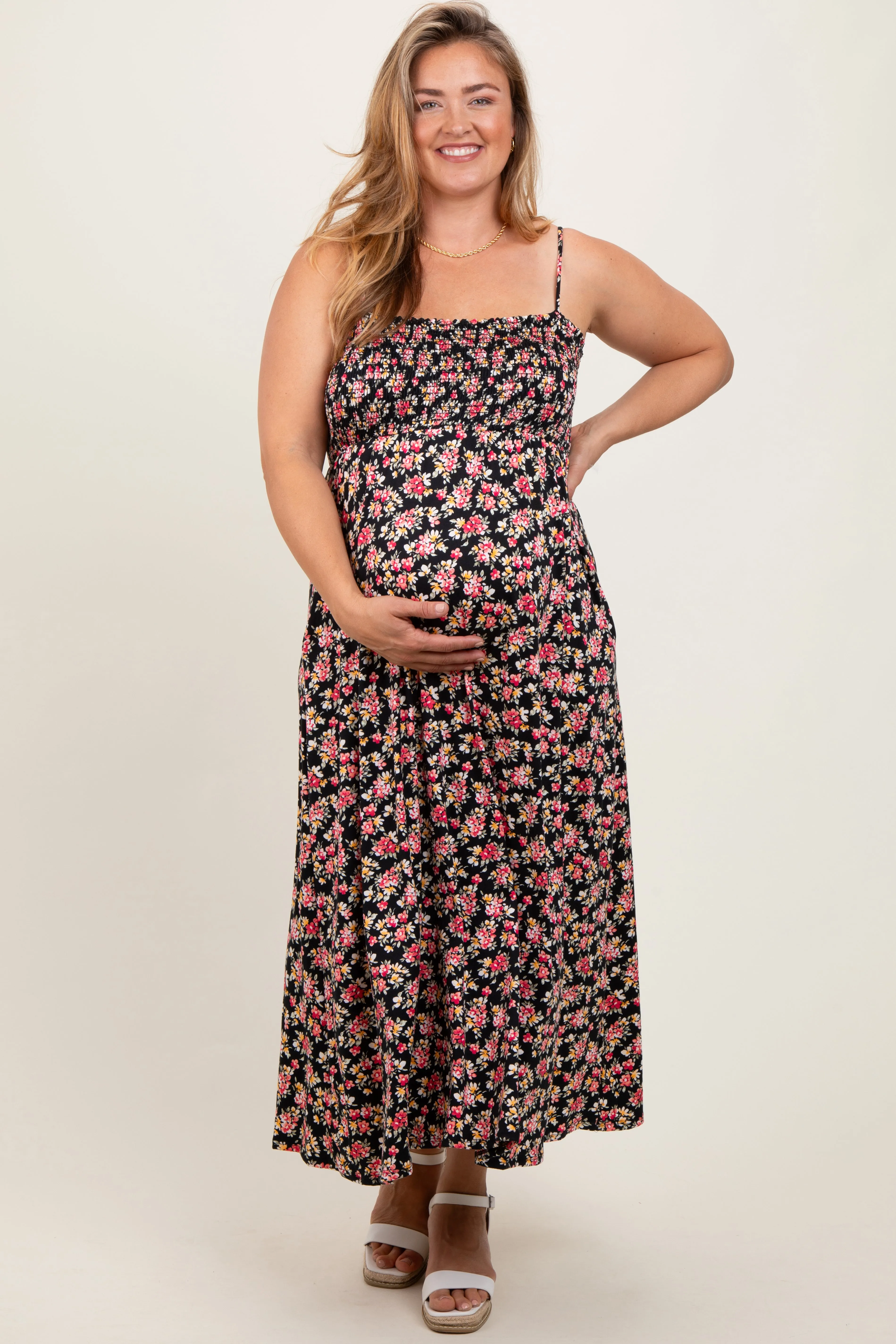 Black Square Neck Smocked Maternity Plus Midi Dress sold by Pinkblush