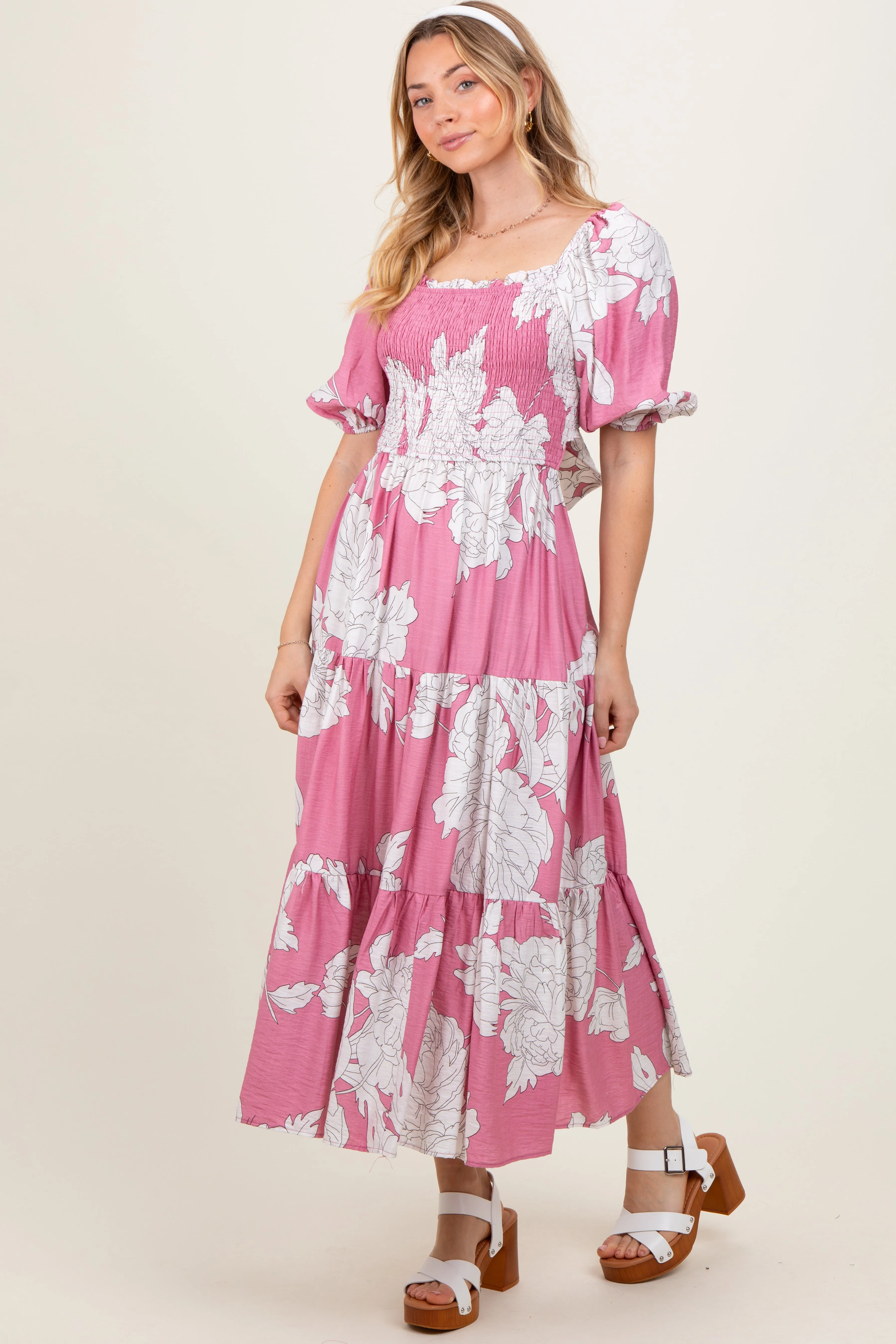 Pink Floral Smocked Front Tie Cutout Maxi Dress sold by Pinkblush product image thumbnail 3