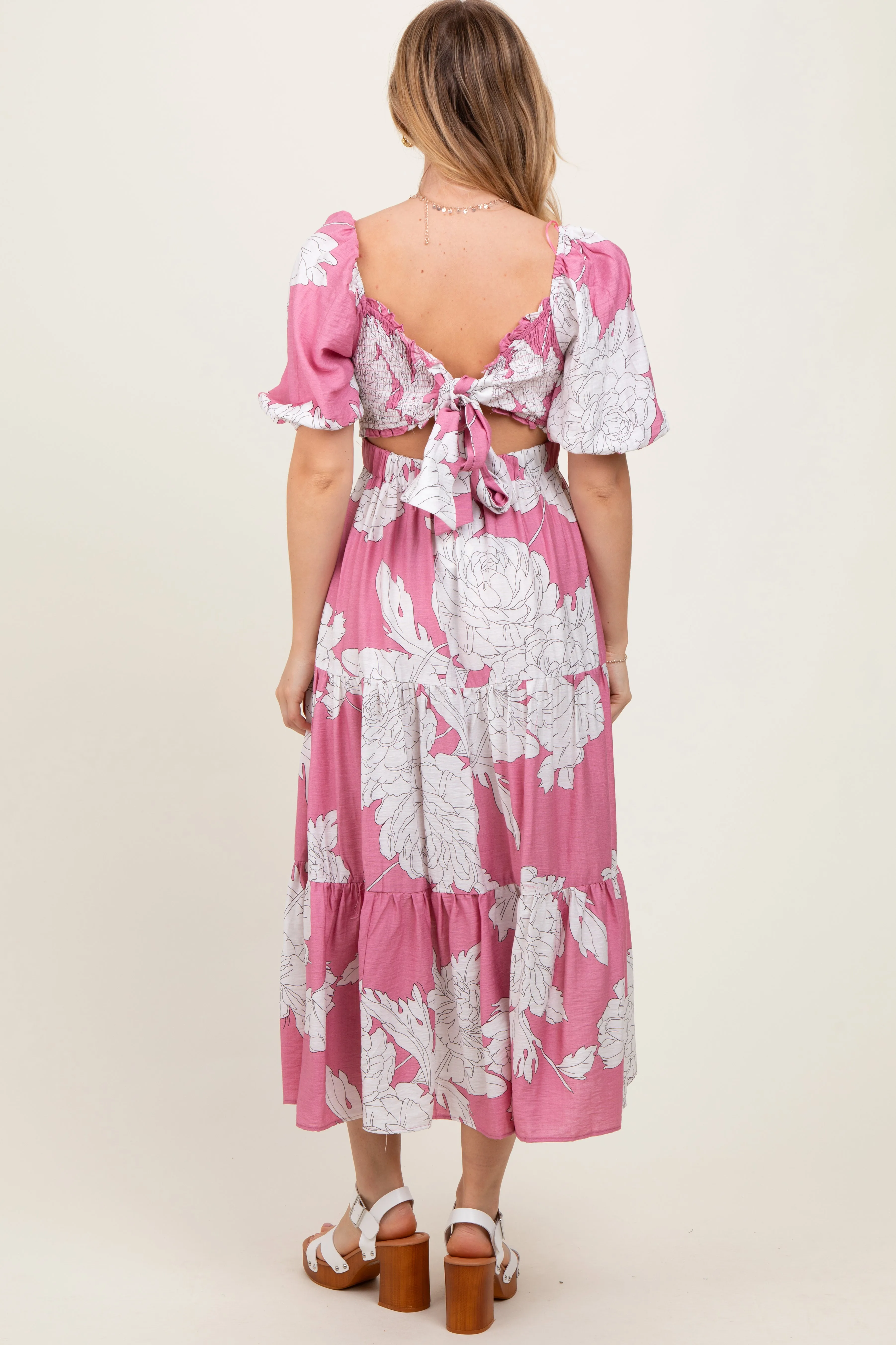 Pink Floral Smocked Front Tie Cutout Maxi Dress sold by Pinkblush product image thumbnail 4