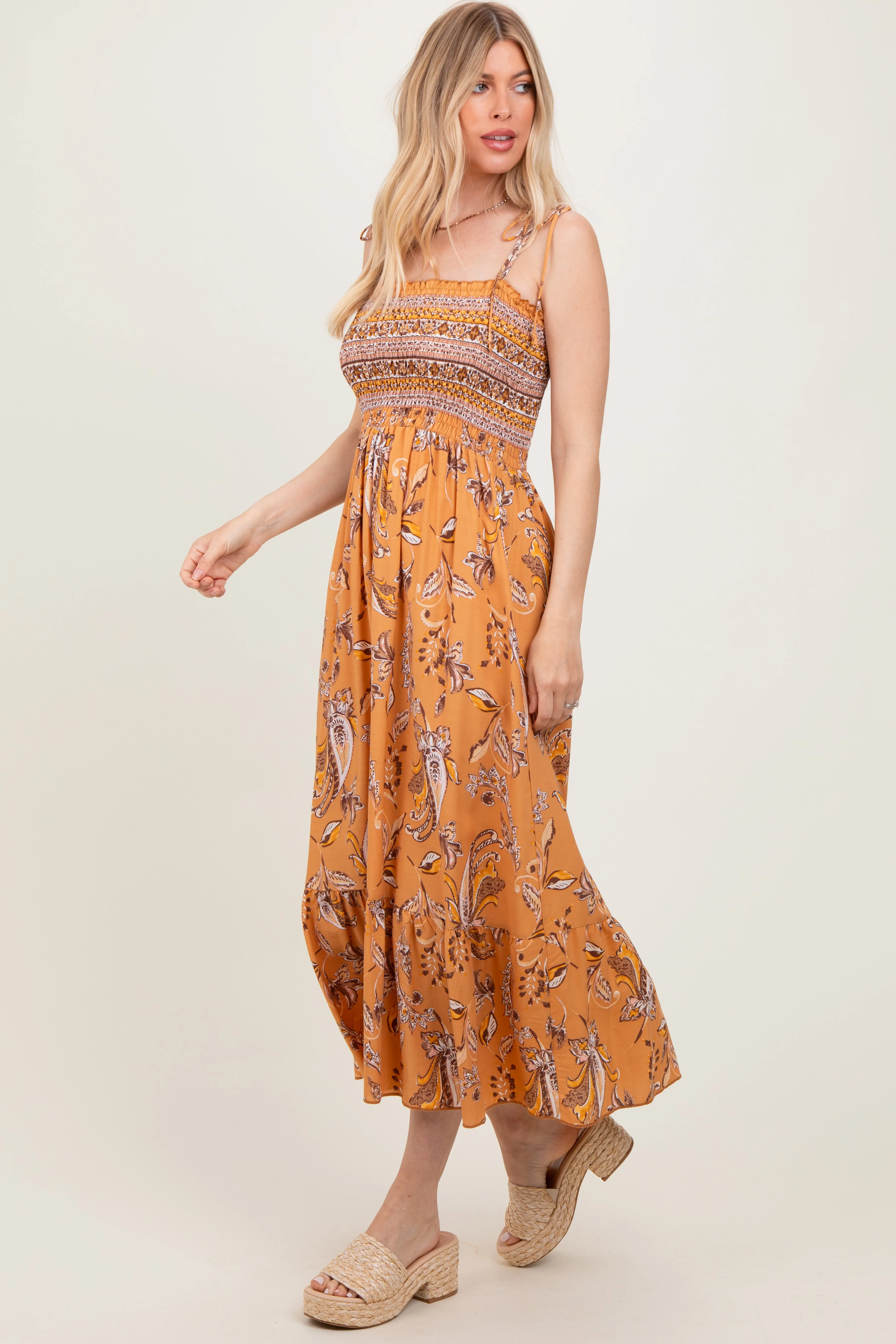 Peach Paisley Shoulder Tie Smocked Maxi Dress sold by Pinkblush product image thumbnail 3