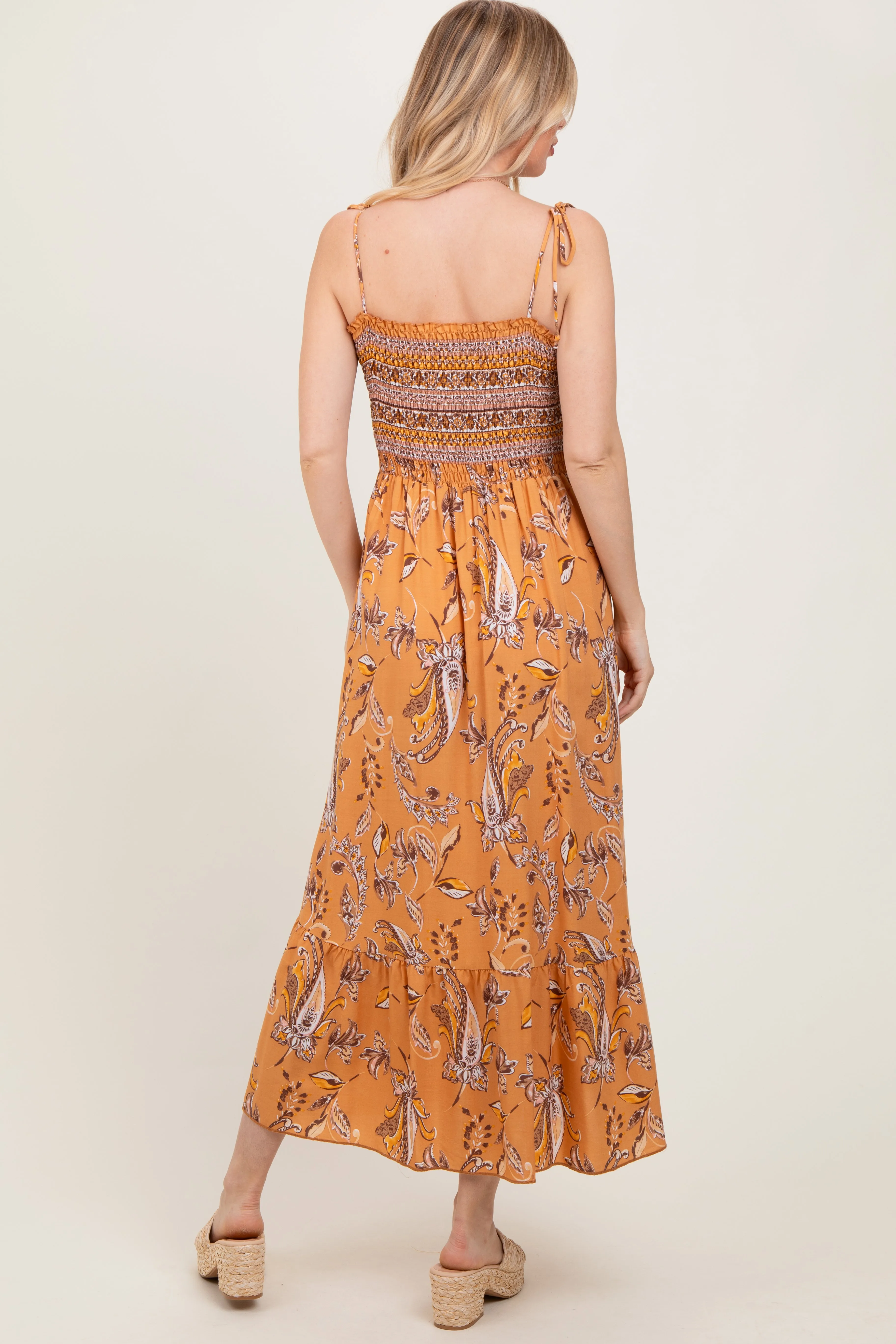 Peach Paisley Shoulder Tie Smocked Maxi Dress sold by Pinkblush product image thumbnail 4