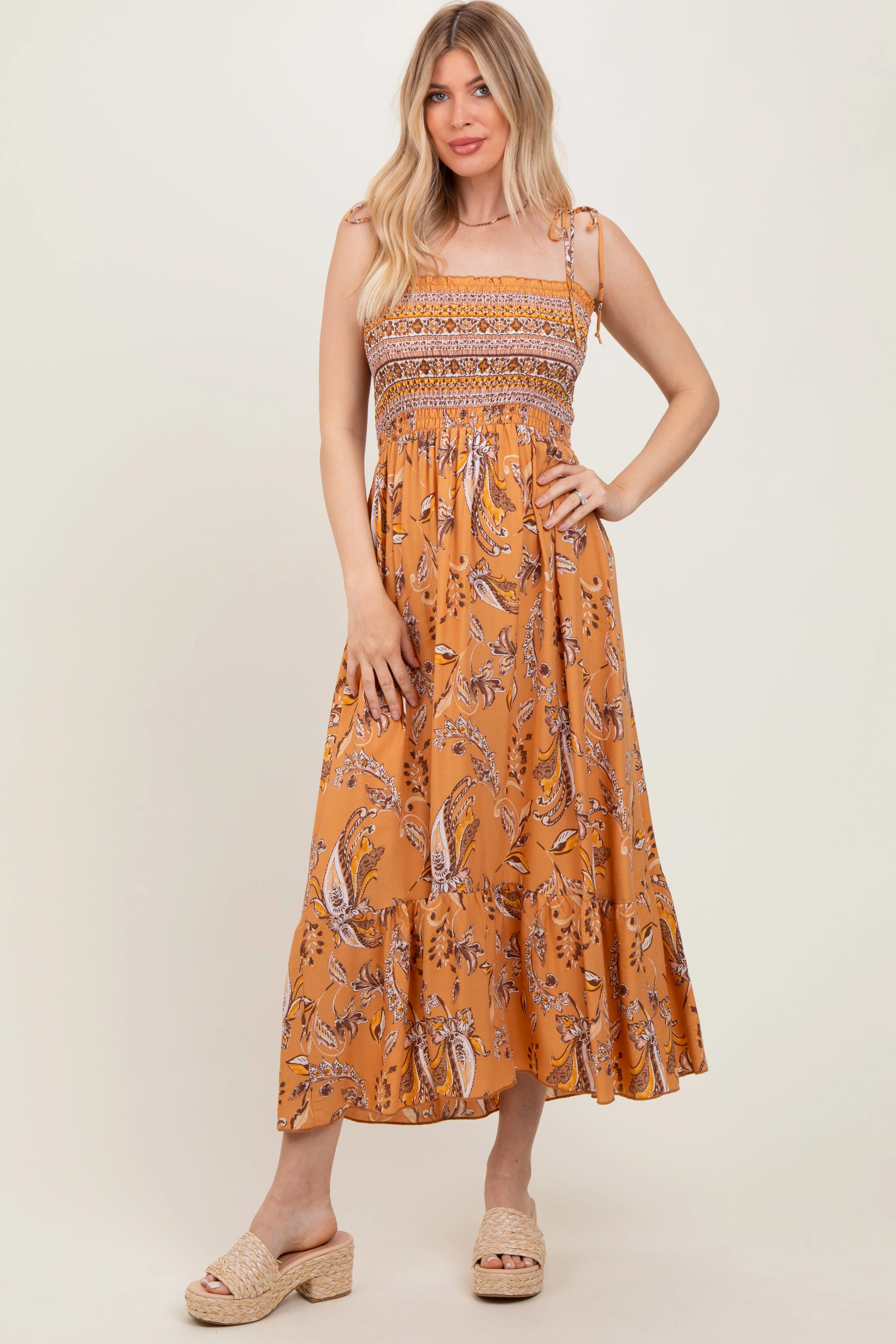 Peach Paisley Shoulder Tie Smocked Maxi Dress sold by Pinkblush