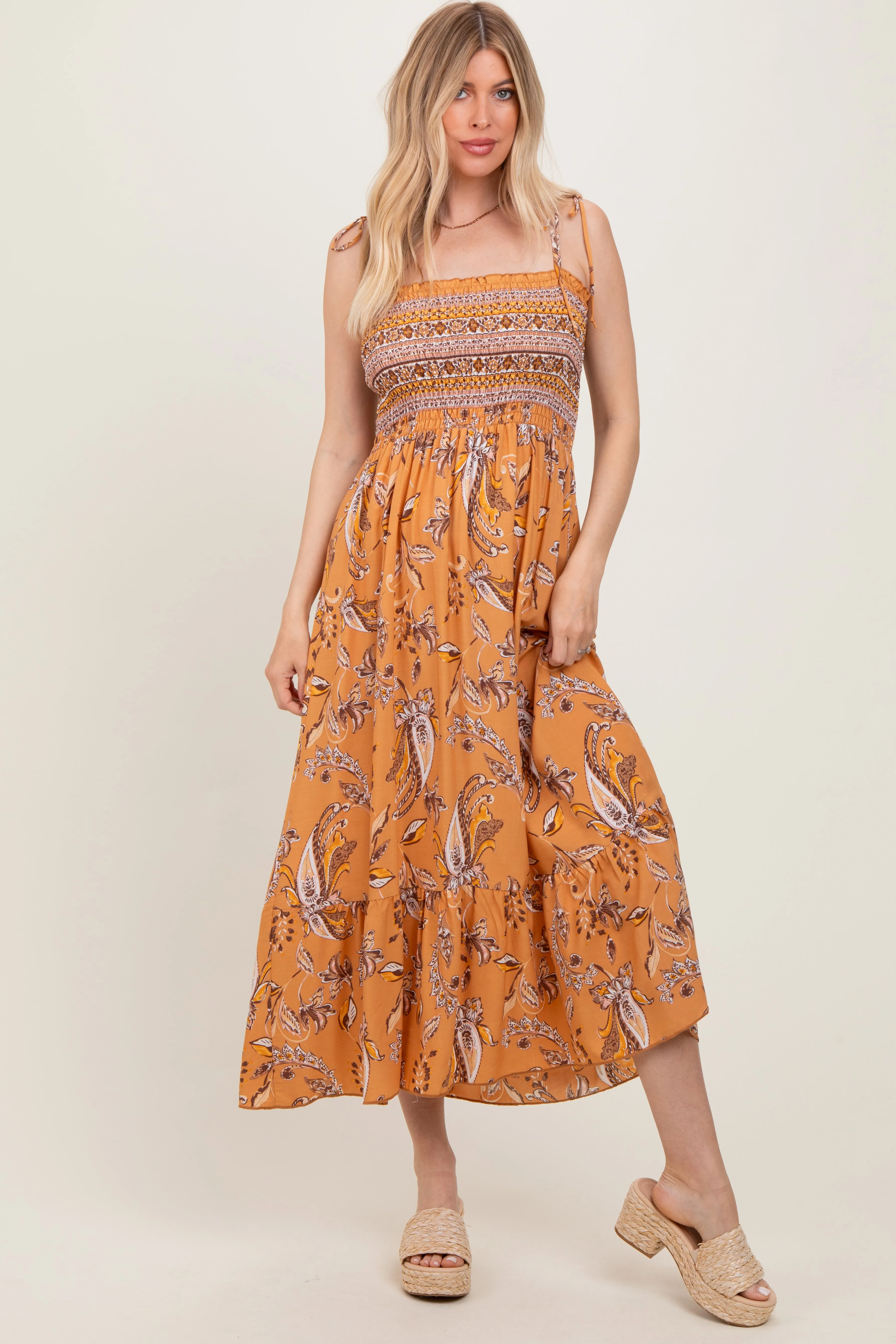 Peach Paisley Shoulder Tie Smocked Maxi Dress sold by Pinkblush product image thumbnail 2