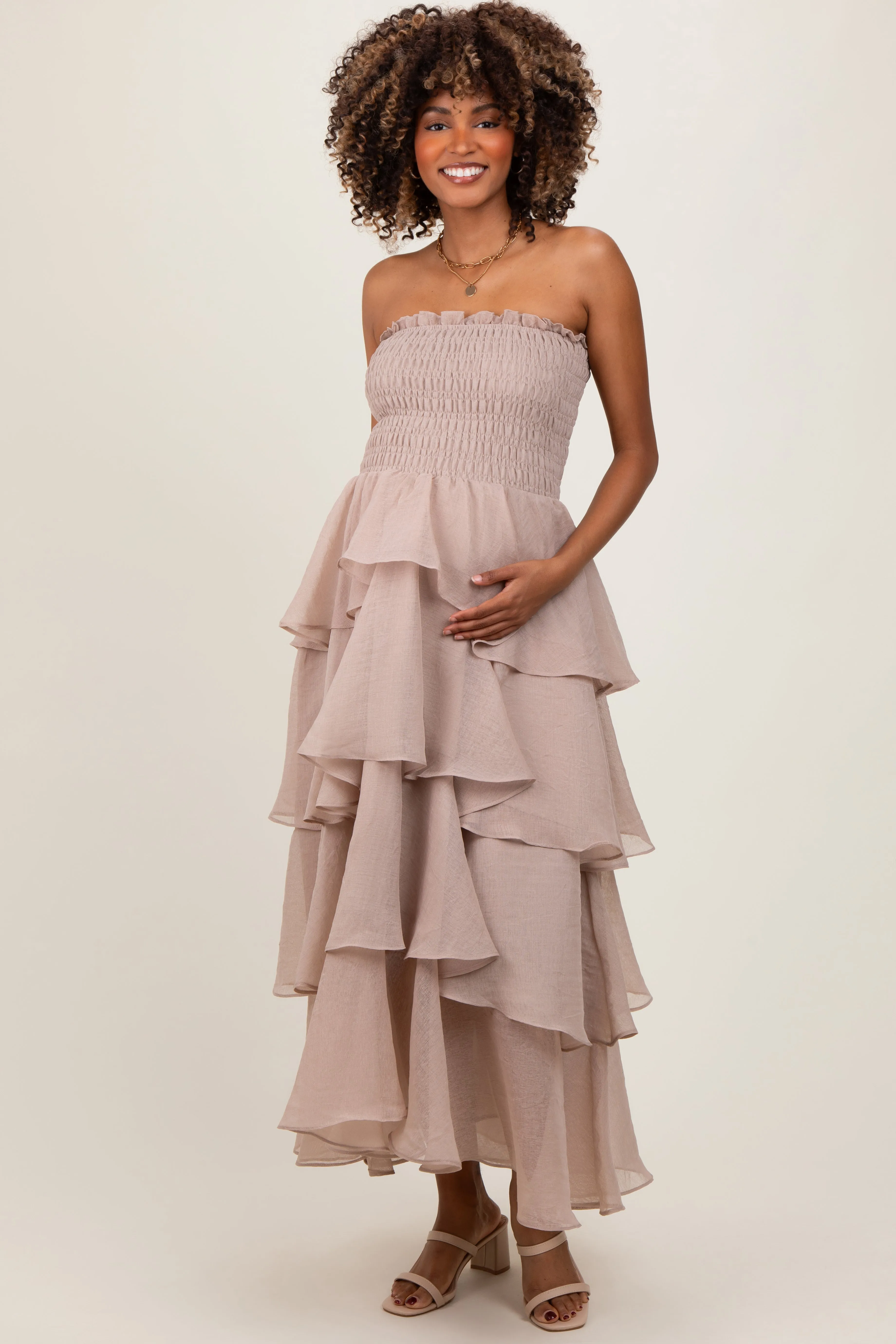 Beige Layered Maternity Maxi Dress sold by Pinkblush