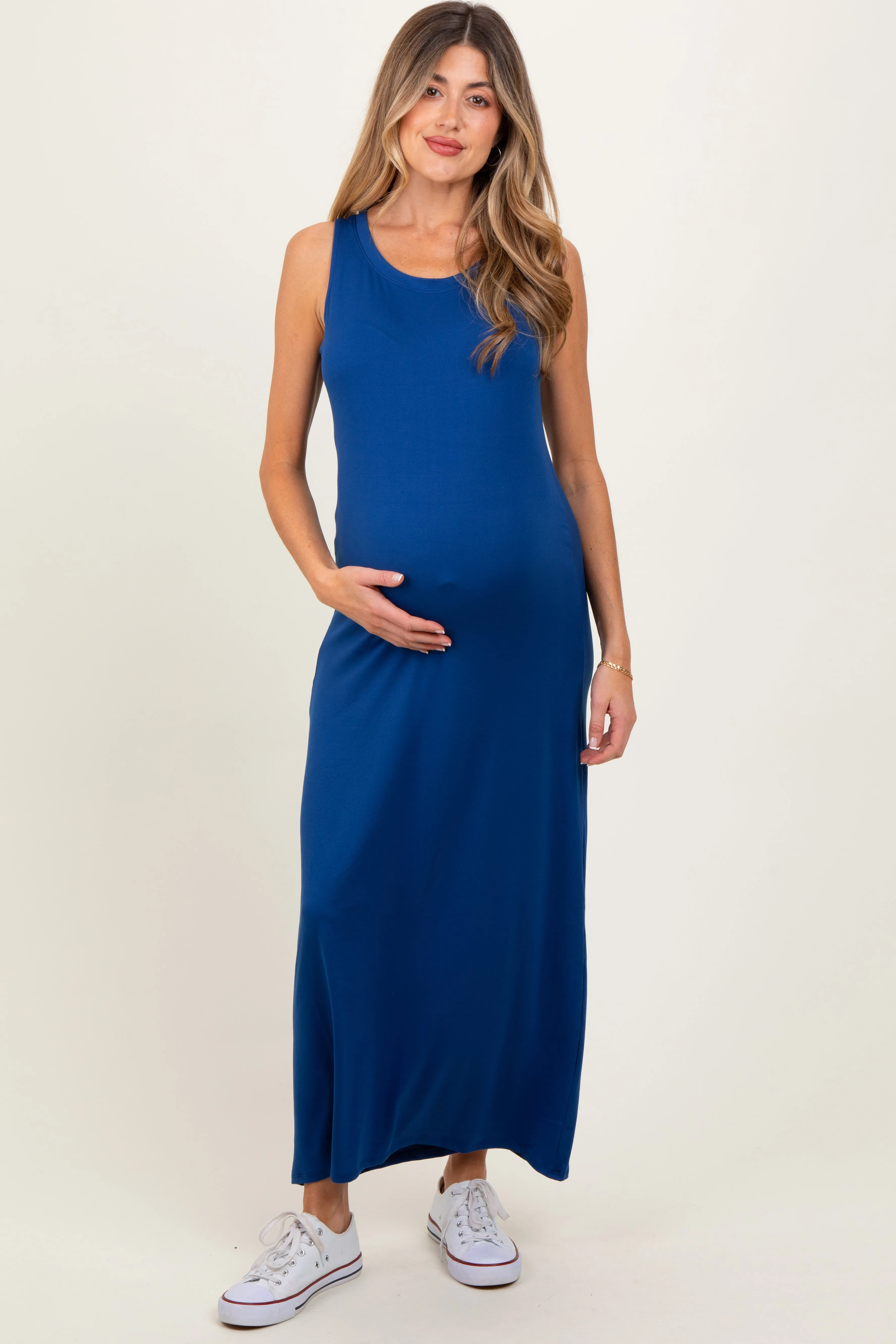 Navy Sleeveless Flared Scoop Neck Maternity Maxi Dress sold by Pinkblush