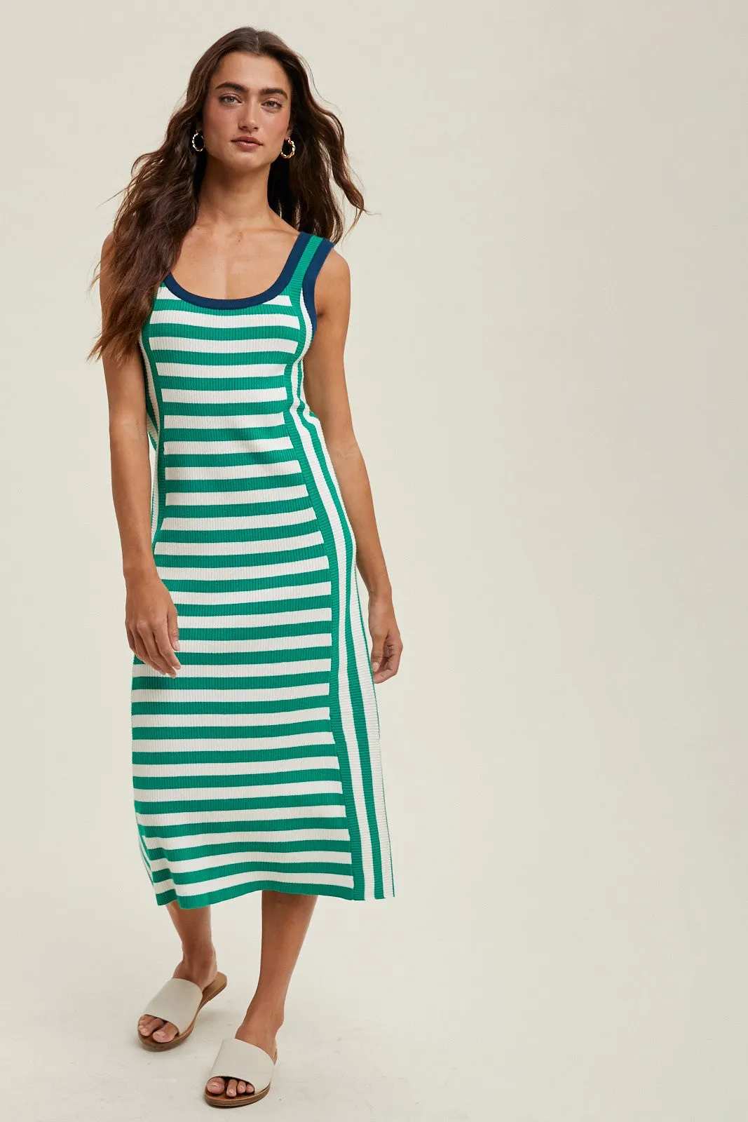 Green Mixed Stripe Ribbed Knit Sleeveless Maternity Midi Dress sold by Pinkblush product image thumbnail 4