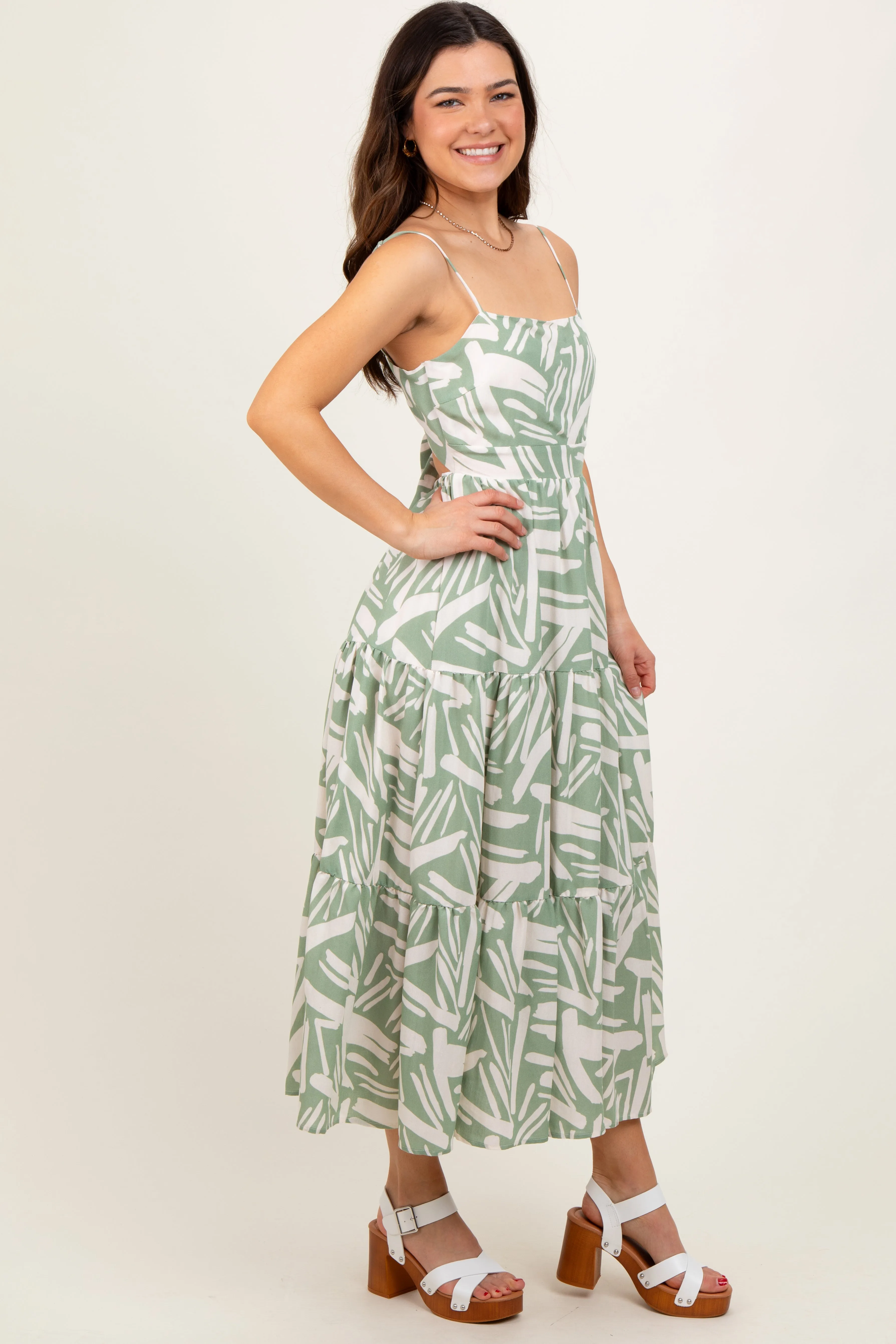 Light Olive Printed Cutout Tie Back Tiered Midi Dress sold by Pinkblush product image thumbnail 3
