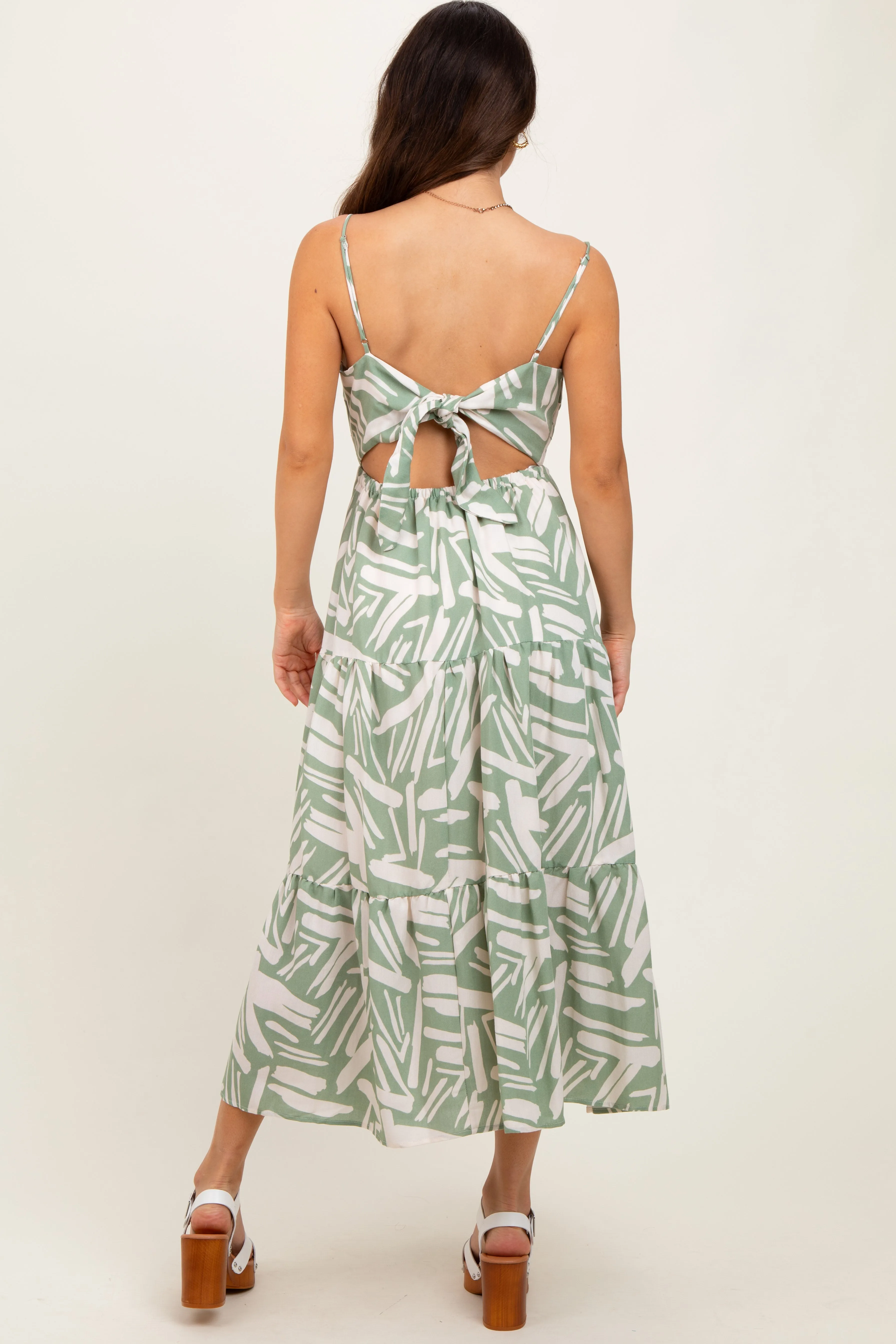Light Olive Printed Cutout Tie Back Tiered Midi Dress sold by Pinkblush product image thumbnail 4