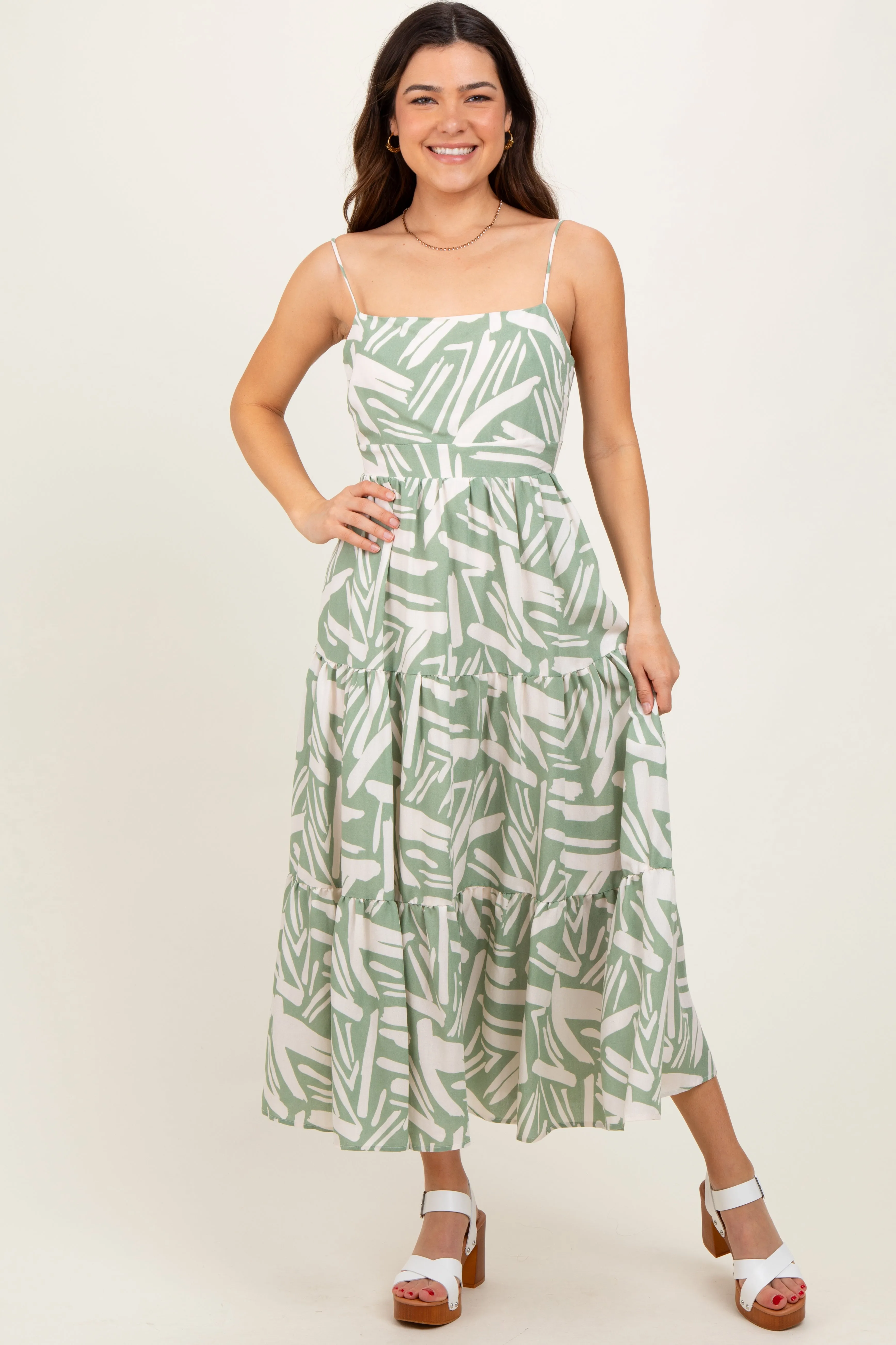 Light Olive Printed Cutout Tie Back Tiered Midi Dress sold by Pinkblush