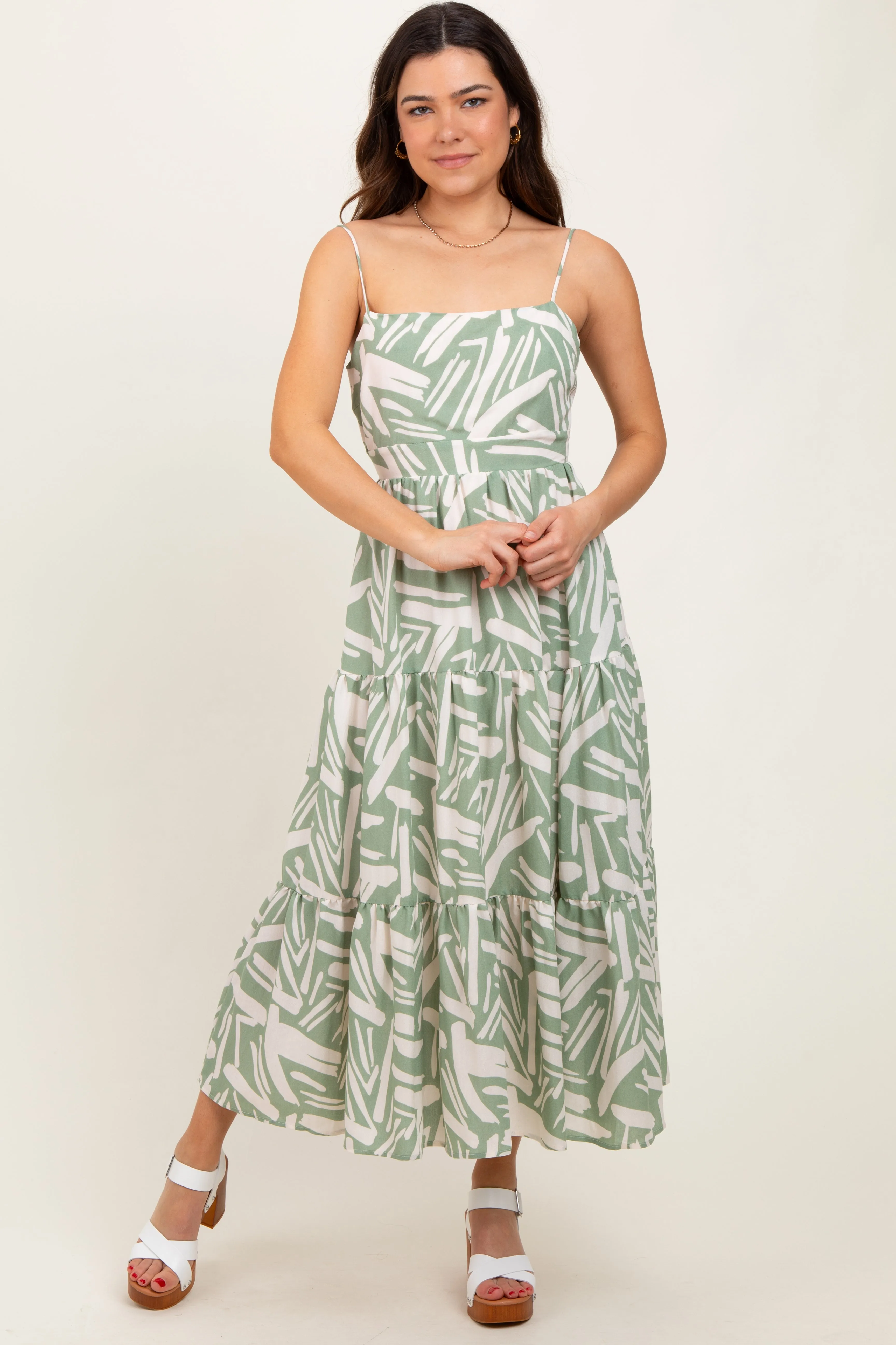 Light Olive Printed Cutout Tie Back Tiered Midi Dress sold by Pinkblush product image thumbnail 2