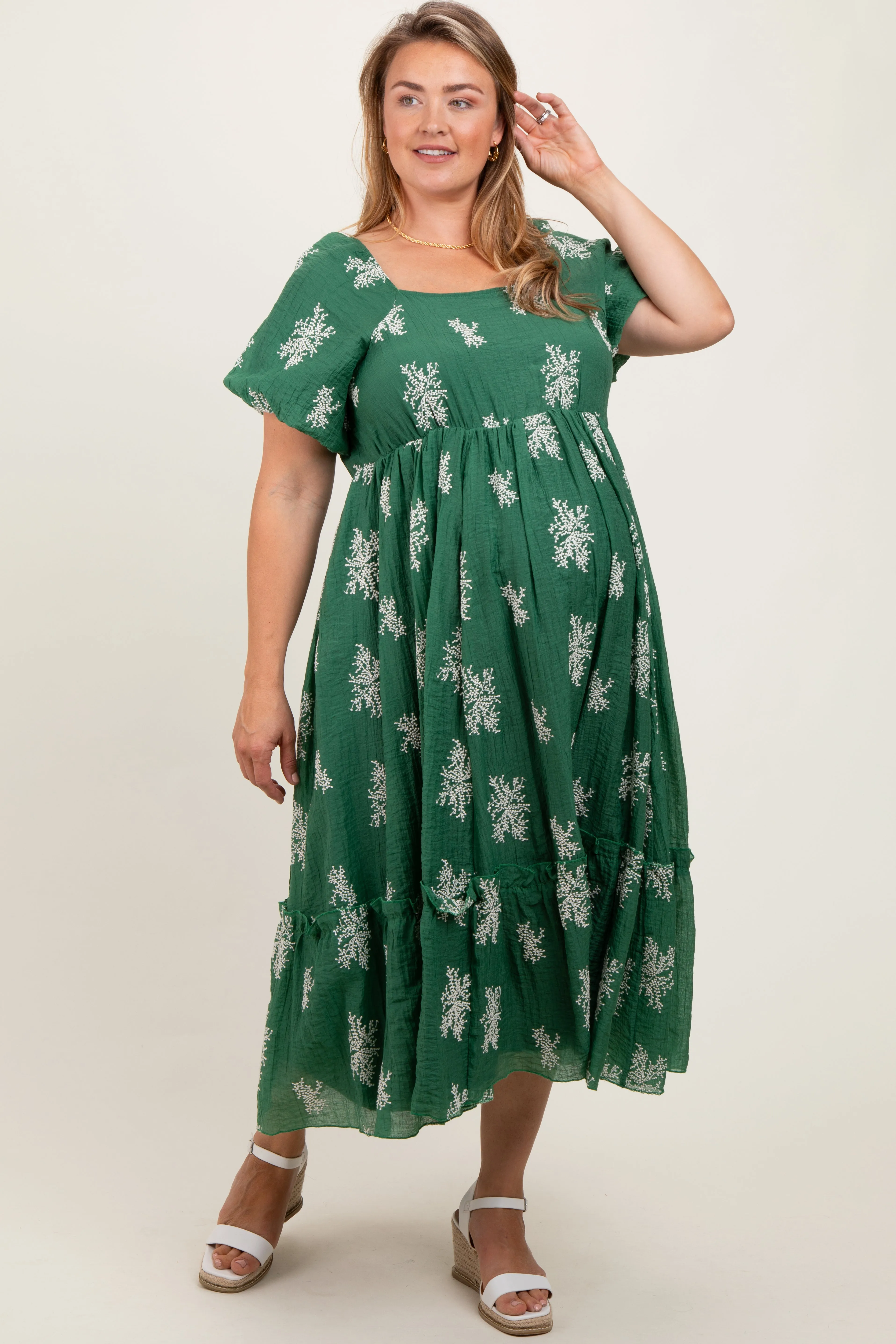 Green Floral Print Ruffle Hem Maternity Plus Midi Dress sold by Pinkblush