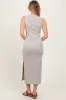 Beige Solid Ribbed Sleeveless Slit Maxi Dress sold by Pinkblush