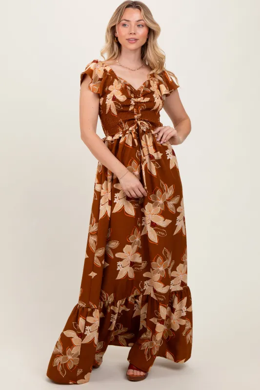 Mocha Floral Smocked Cinched Top Maxi Dress sold by Pinkblush
