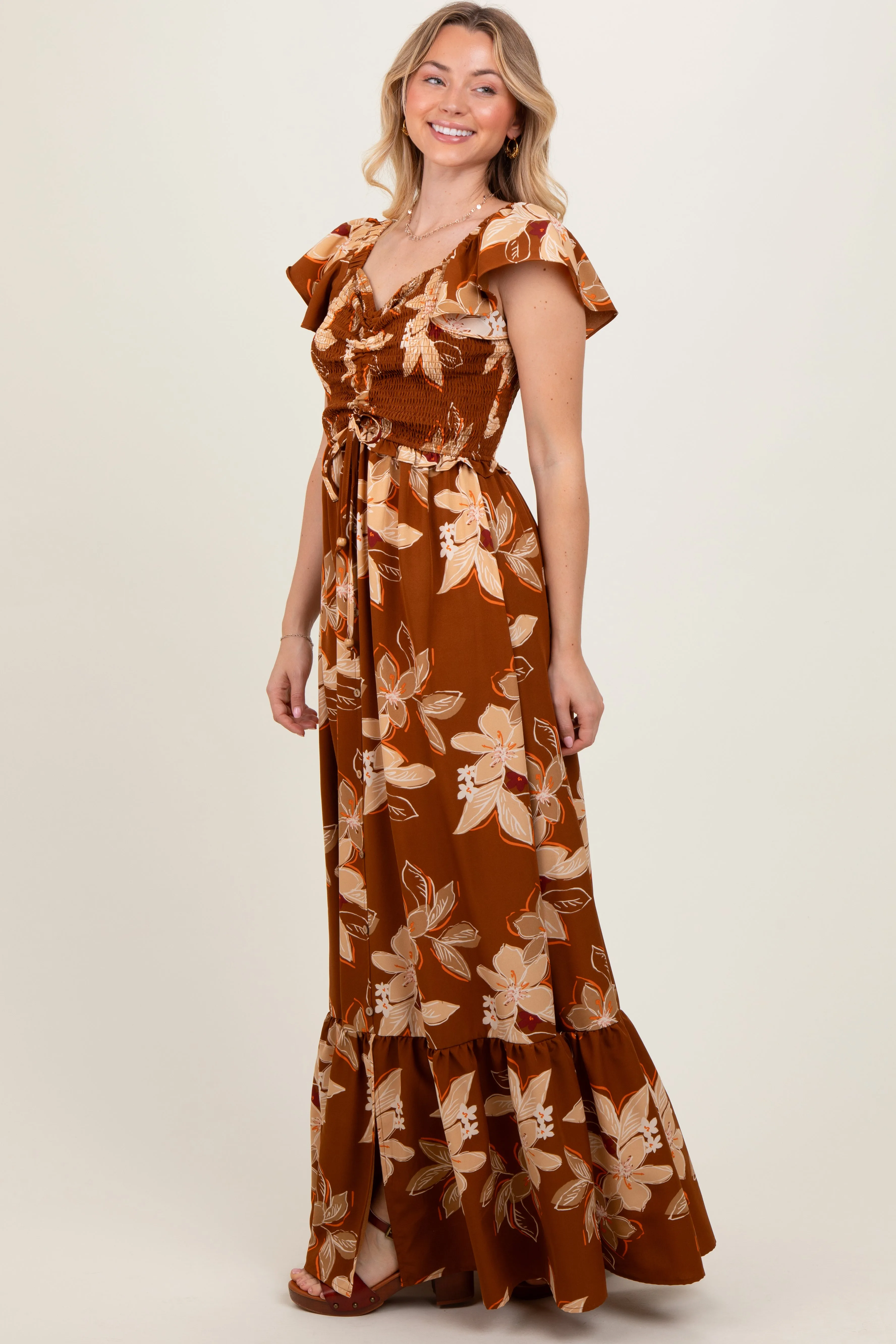 Mocha Floral Smocked Cinched Top Maxi Dress sold by Pinkblush product image thumbnail 2