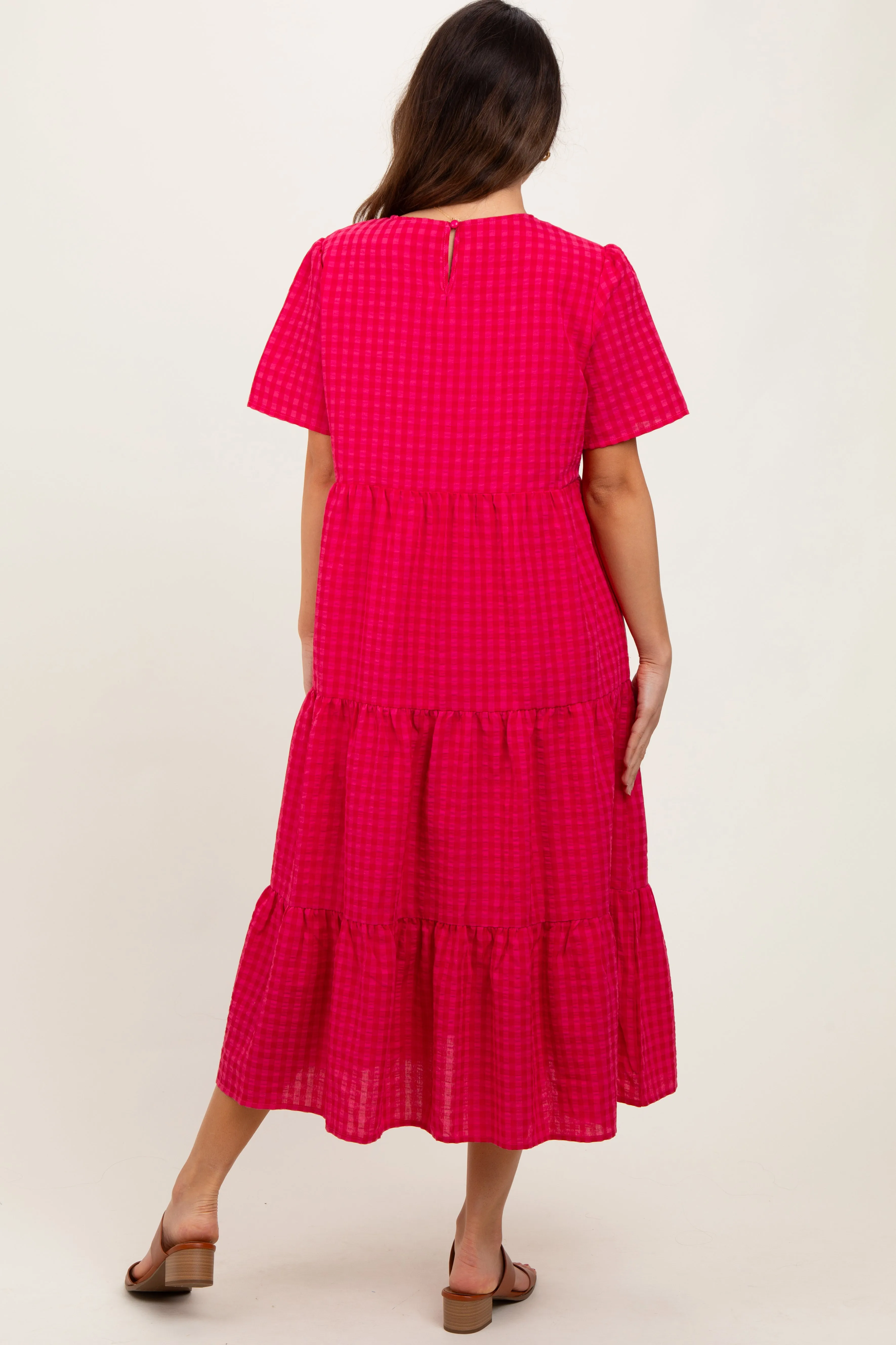 Fuchsia Short Sleeve Tiered Midi Dress sold by Pinkblush product image thumbnail 4