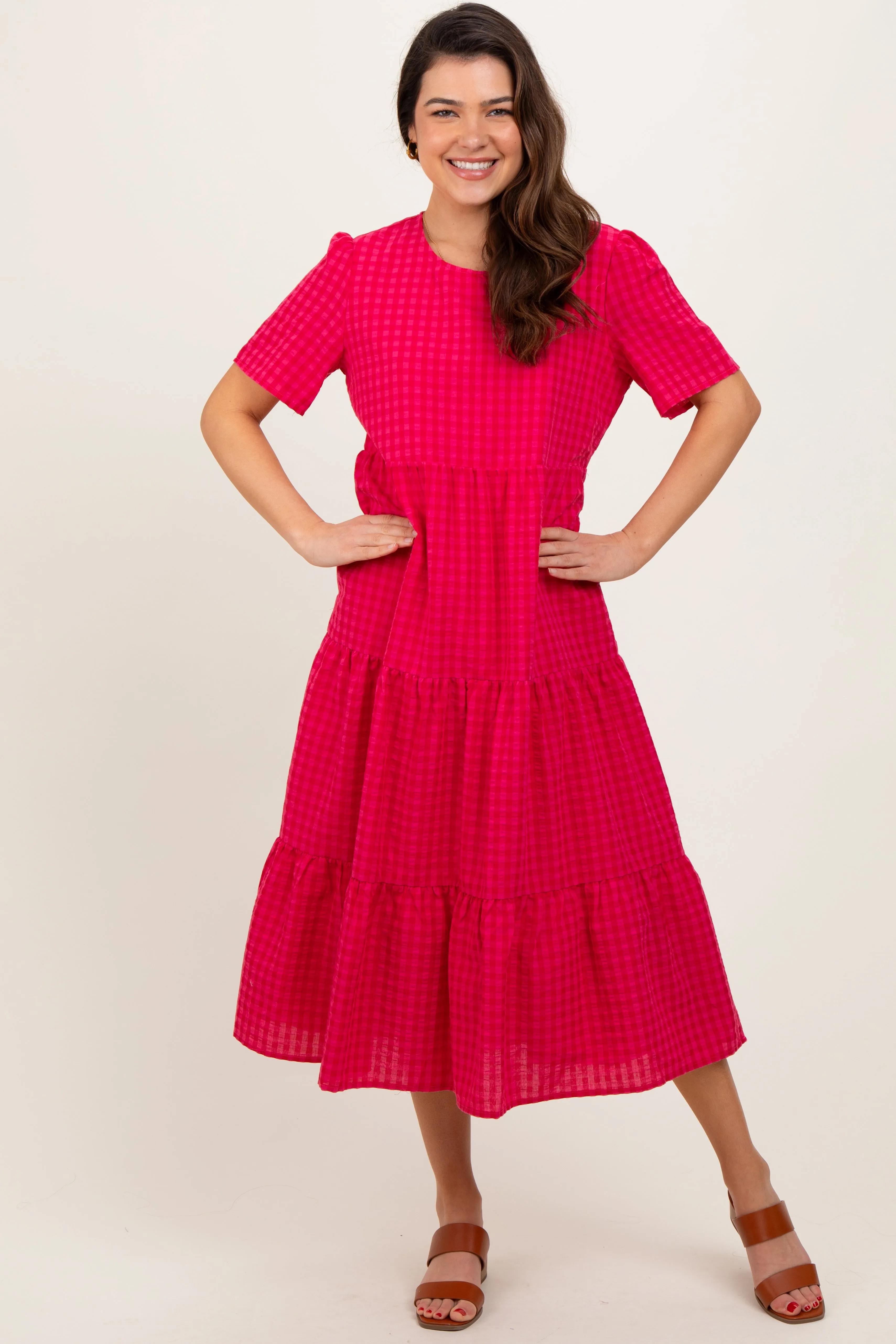 Fuchsia Short Sleeve Tiered Midi Dress sold by Pinkblush