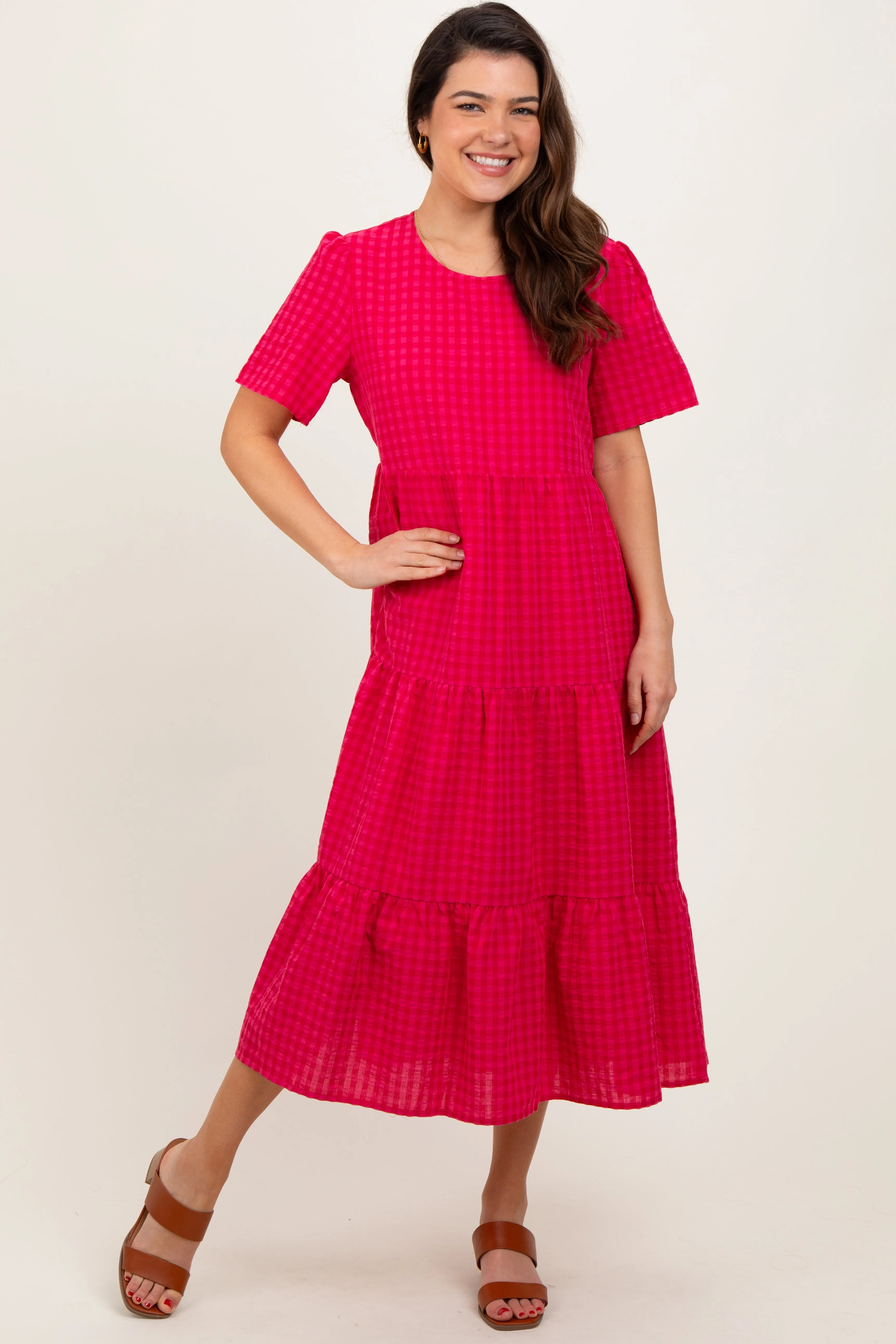 Fuchsia Short Sleeve Tiered Midi Dress sold by Pinkblush product image thumbnail 2
