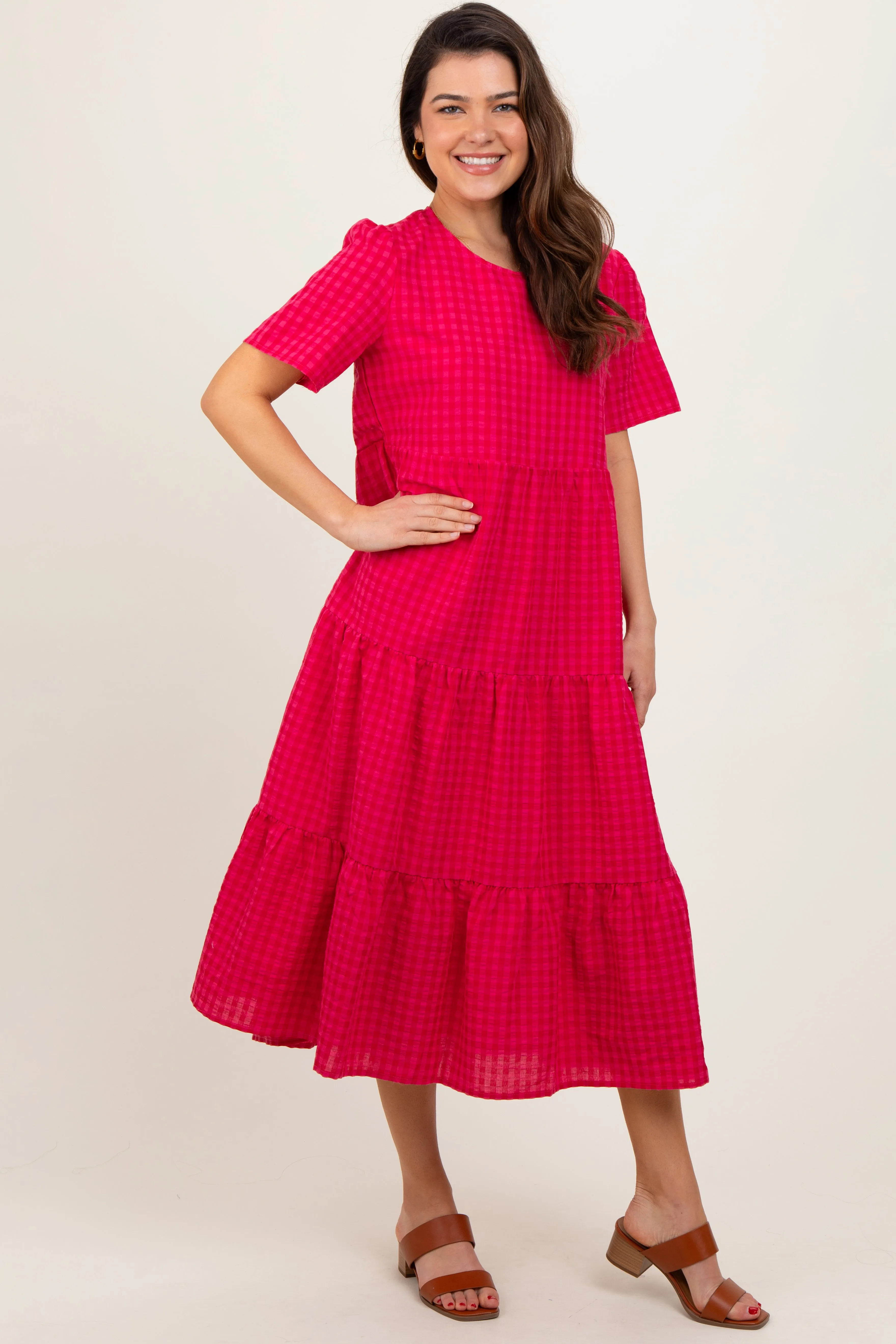 Fuchsia Short Sleeve Tiered Midi Dress sold by Pinkblush product image thumbnail 3